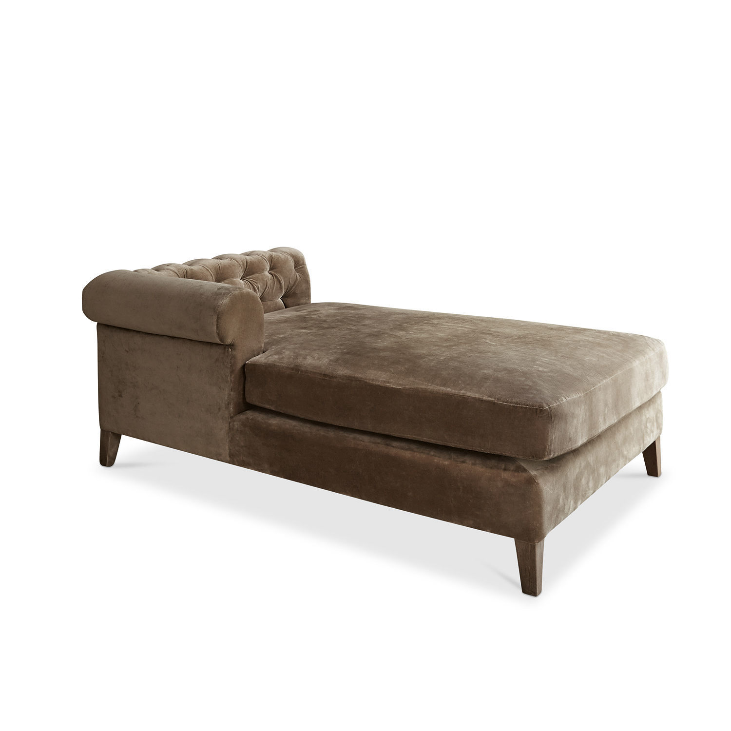 Braune Samtliege mit gepolstertem Rücken und Holzbeinen, ideal für Wohnzimmer