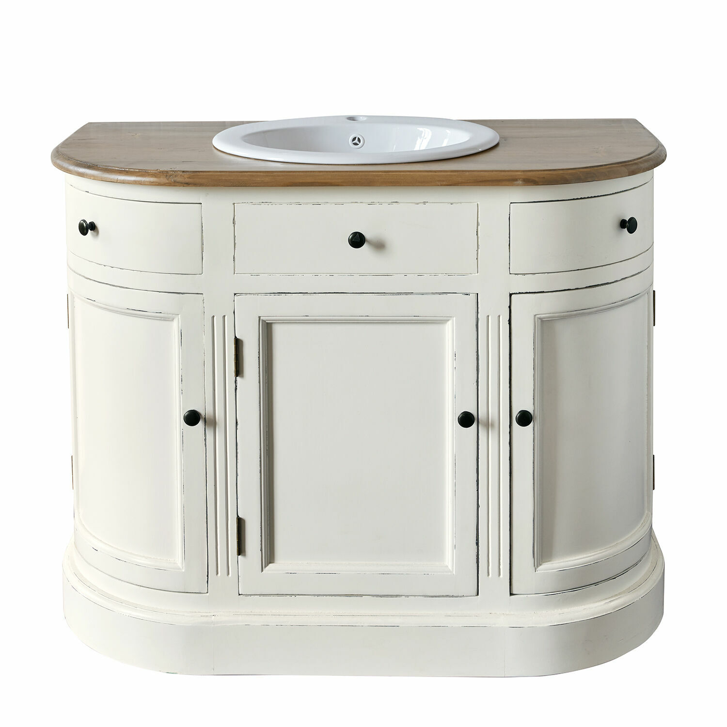 antikweiß/braun Waschtisch Louisiana antikweiß mit brauner Holzplatte und Keramikbecken im Vintage-Stil