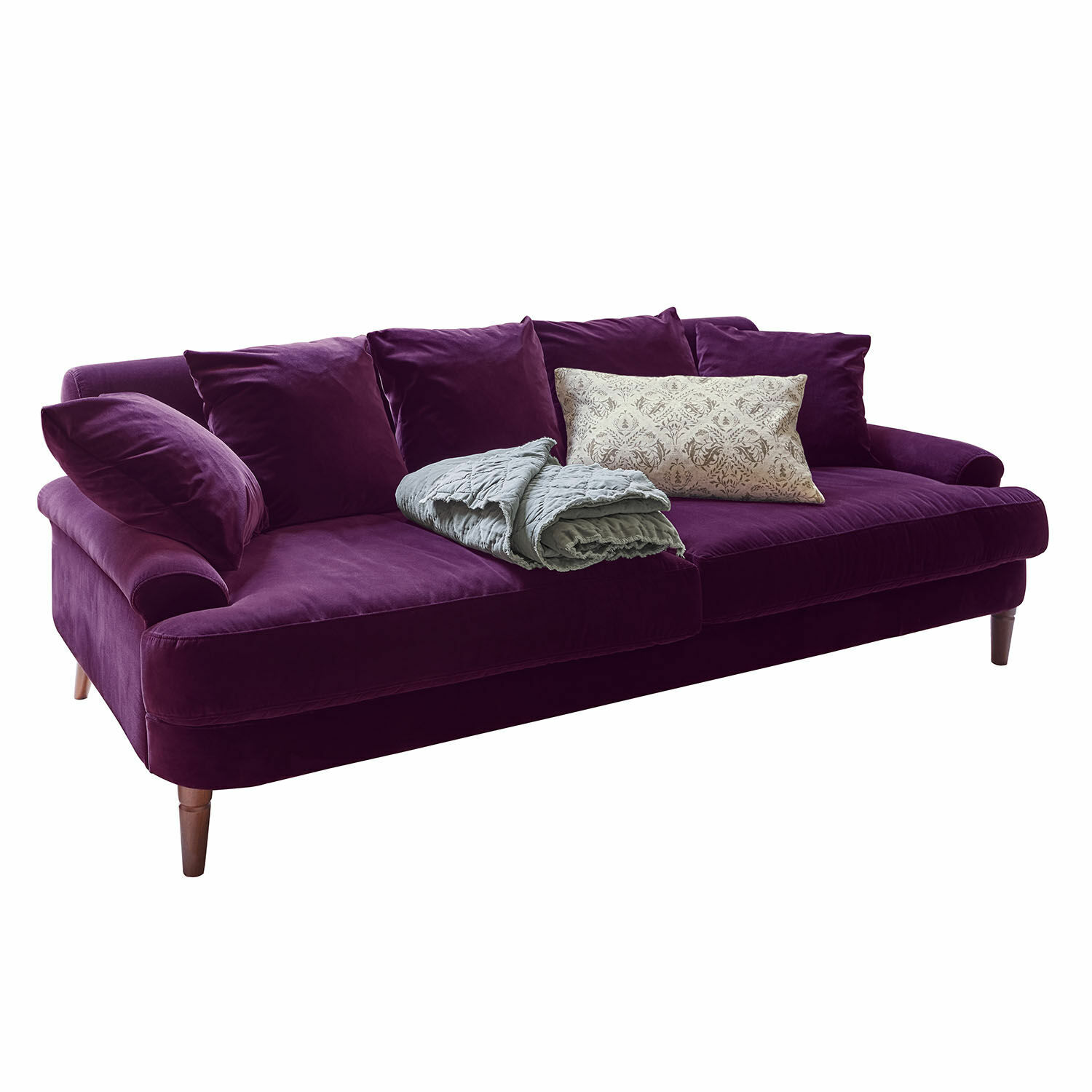Sofa Rivermere Violettes Samtsofa mit Kissen und grauer Decke, modernes Wohnzimmermöbel für gemütliche Stunden
