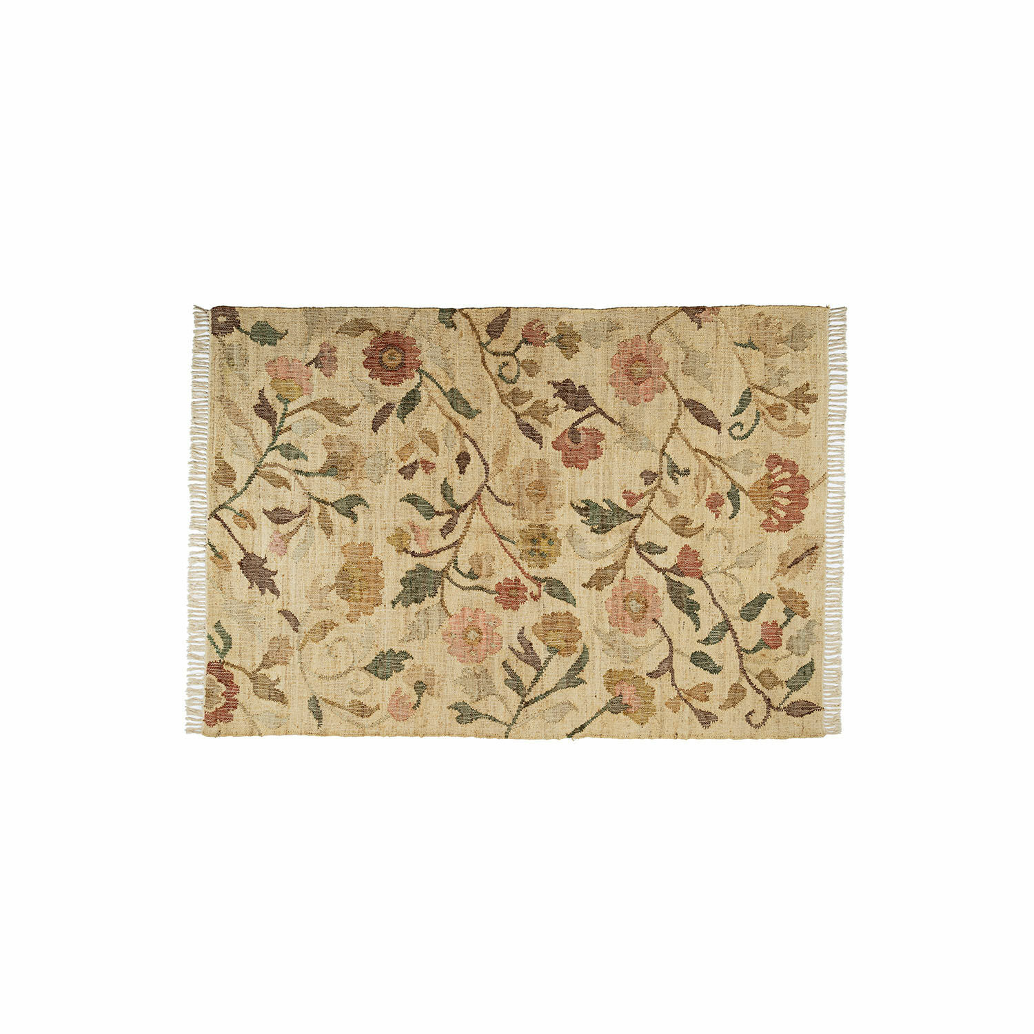 Teppich Théranelle Beigefarbener Teppich mit floralem Muster und Fransen, weiches Material, Wohnaccessoire