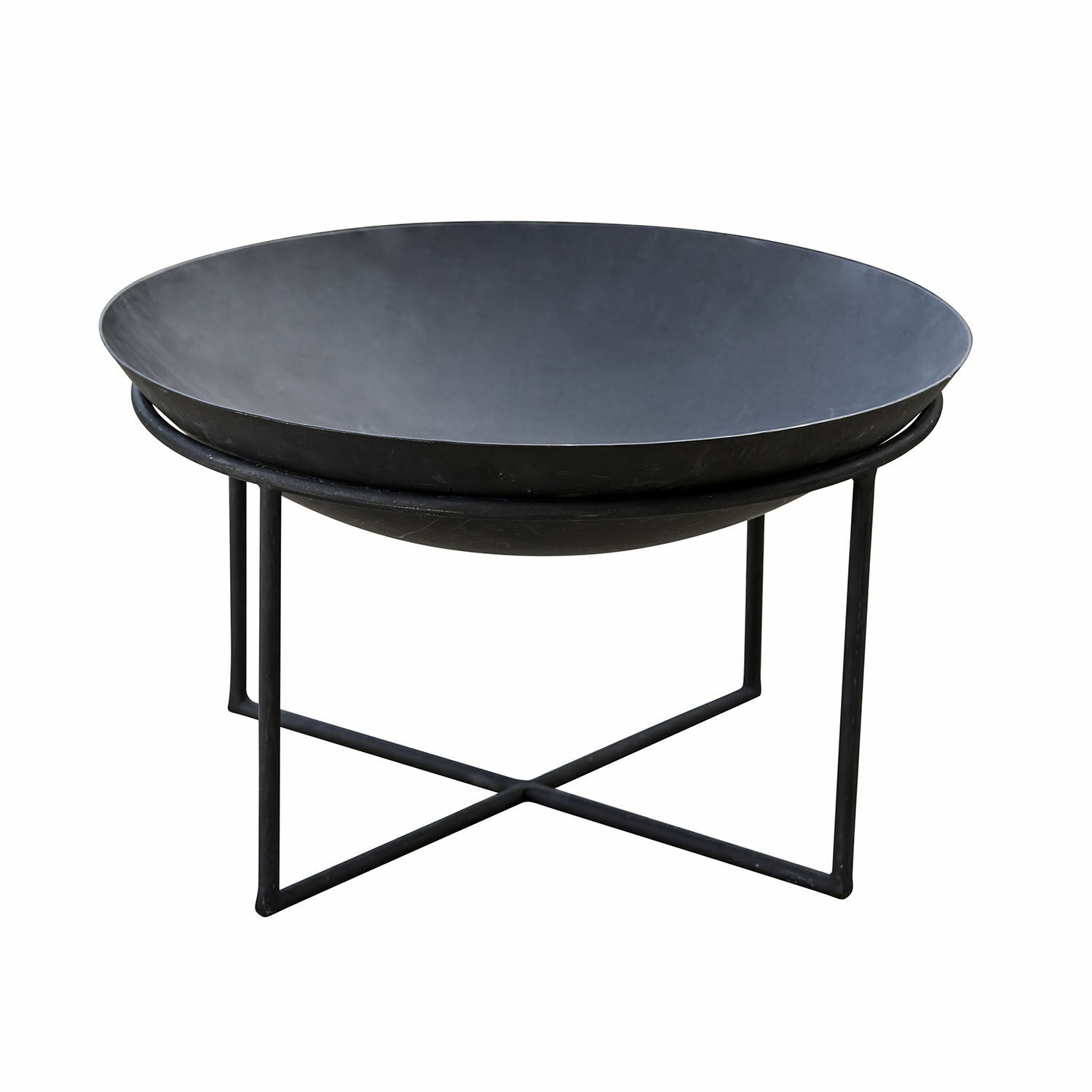 Schwarze Metallschale auf schlichtem Gestell, ideal für Dekoration und Garten