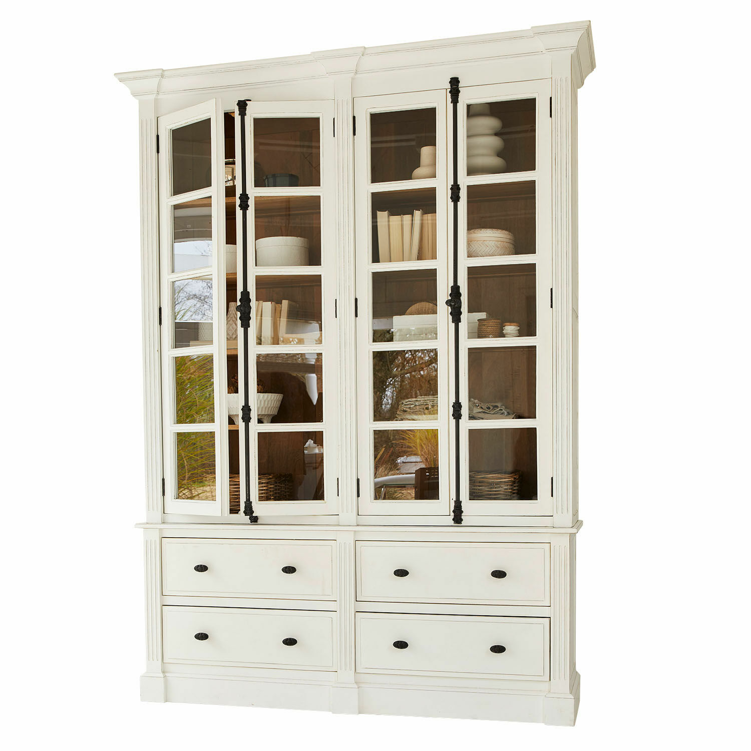 Schrank Laimont Weiße Holzvitrine mit Glastüren und schwarzen Griffen, elegantes Wohnzimmermöbel