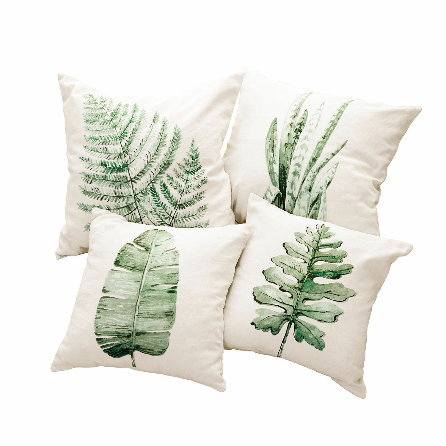 Kissenhülle 4er Set Marly Set aus vier cremefarbenen Kissen mit grünen Blattmotiven, natürliche Wohnraumdekoration