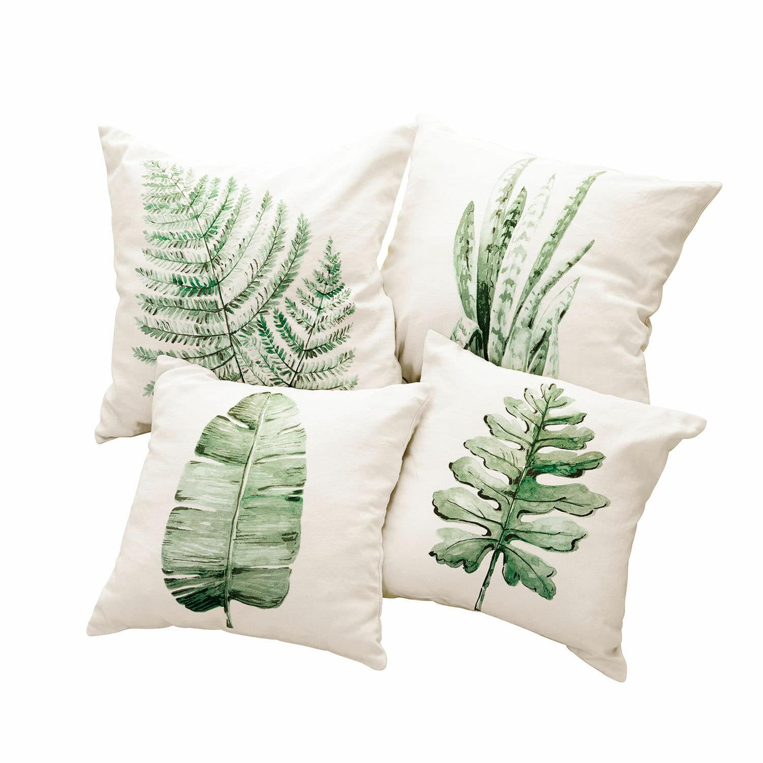 Kissenhülle 4er Set Marly Set aus vier cremefarbenen Kissen mit grünen Blattmotiven, natürliche Wohnraumdekoration