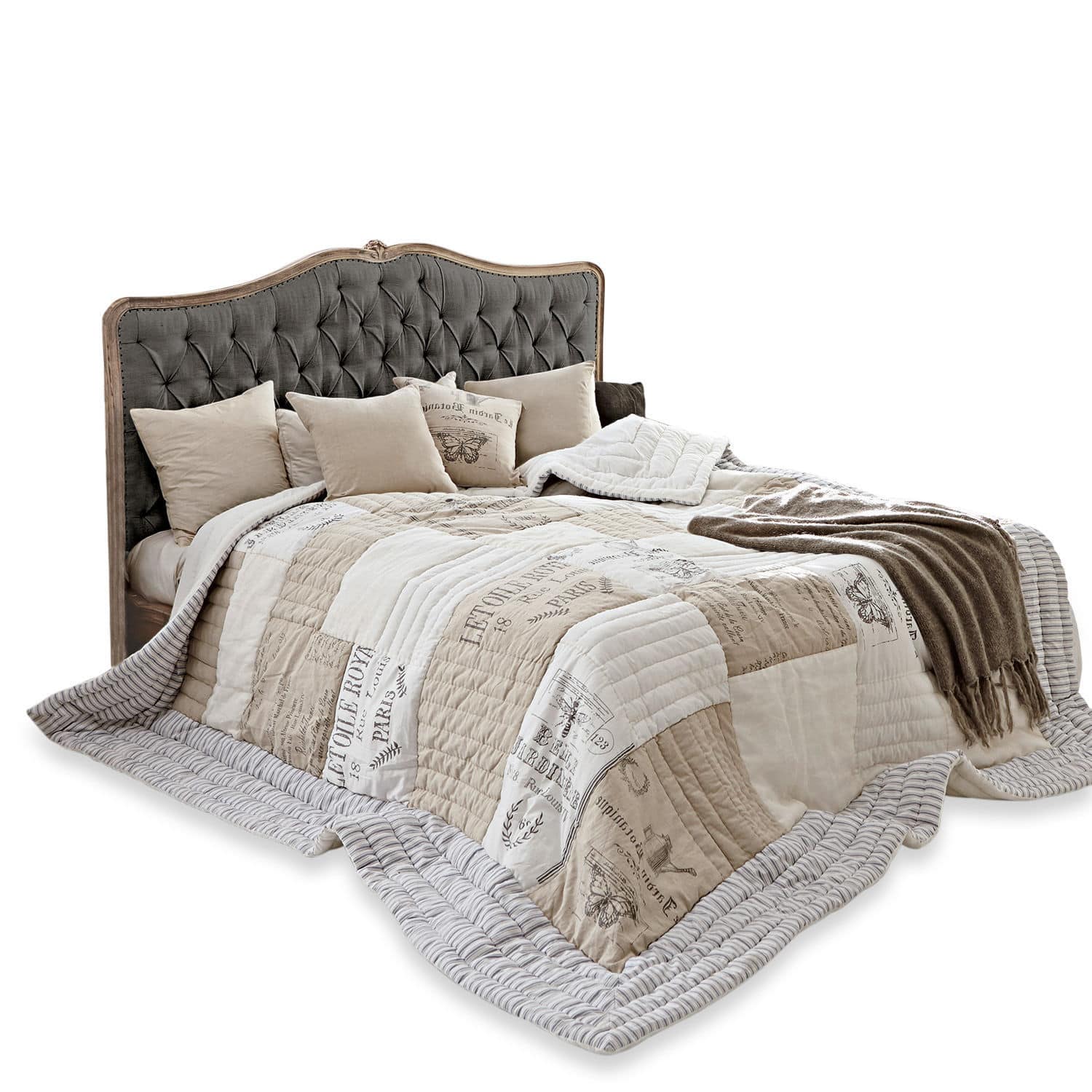 Bett Declaire Bett mit grauem, gepolstertem Kopfteil und beiger Vintage-Steppdecke für Schlafzimmer
