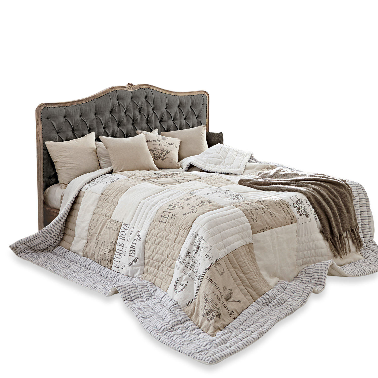 Bett Declaire Bett mit grauem, gepolstertem Kopfteil und beiger Vintage-Steppdecke für Schlafzimmer