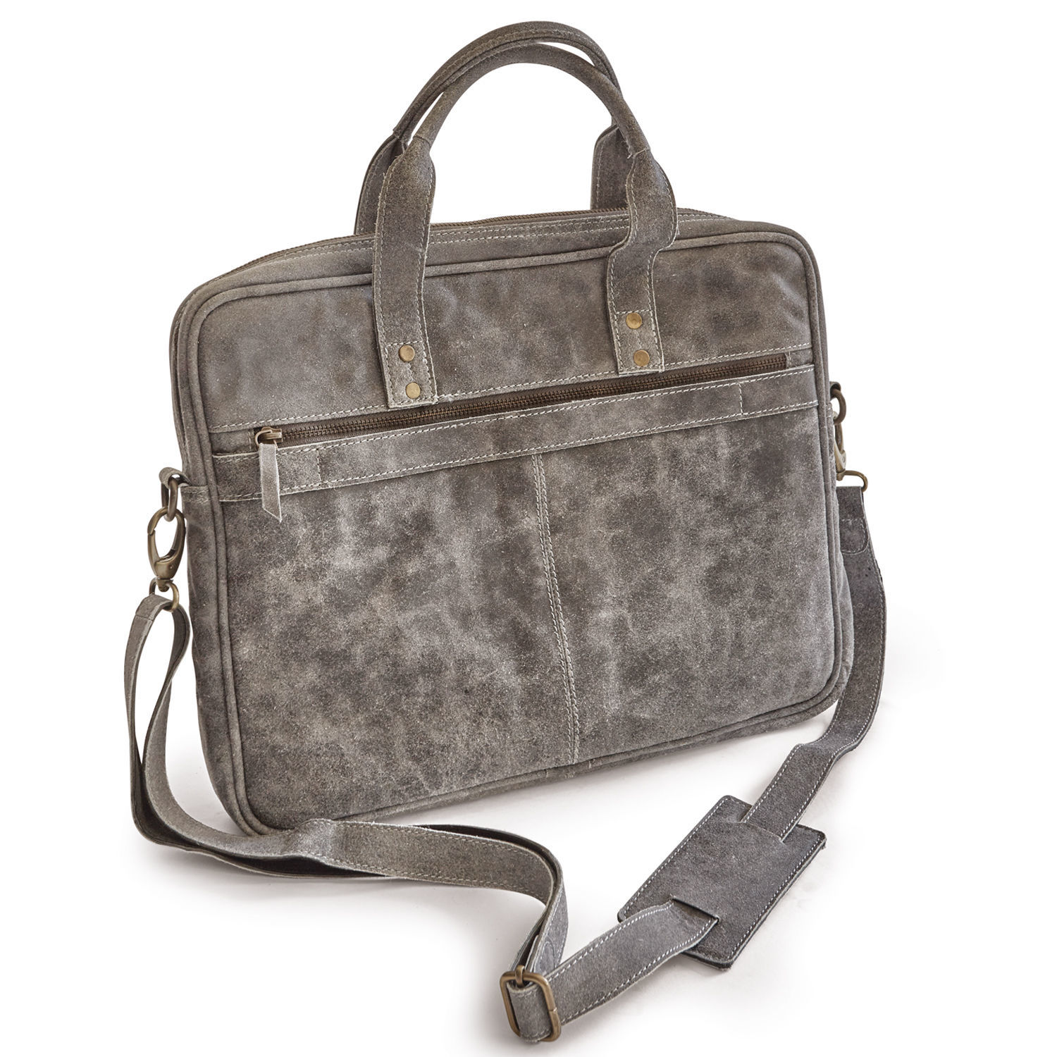 Graue Wildleder-Umhängetasche mit Griffen und verstellbarem Riemen, praktische Laptoptasche