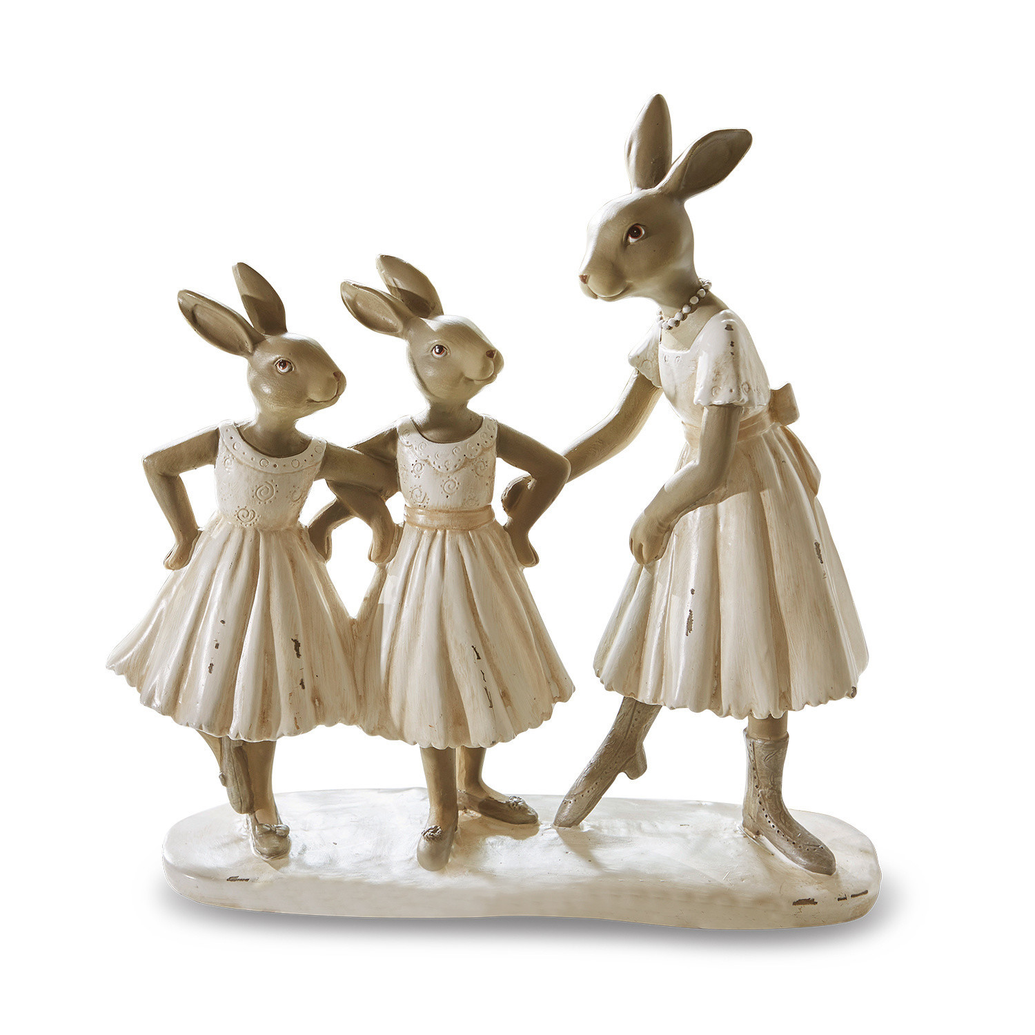 Hasen Danseuses Figur aus Material mit drei Hasen in cremefarbenen Kleidern, dekorative Oster-Deko fürs Zuhause
