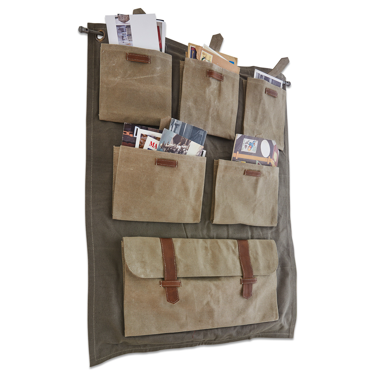Beiger Wandorganizer aus Segeltuch und Leder mit mehreren Taschen für Dokumente und Briefe