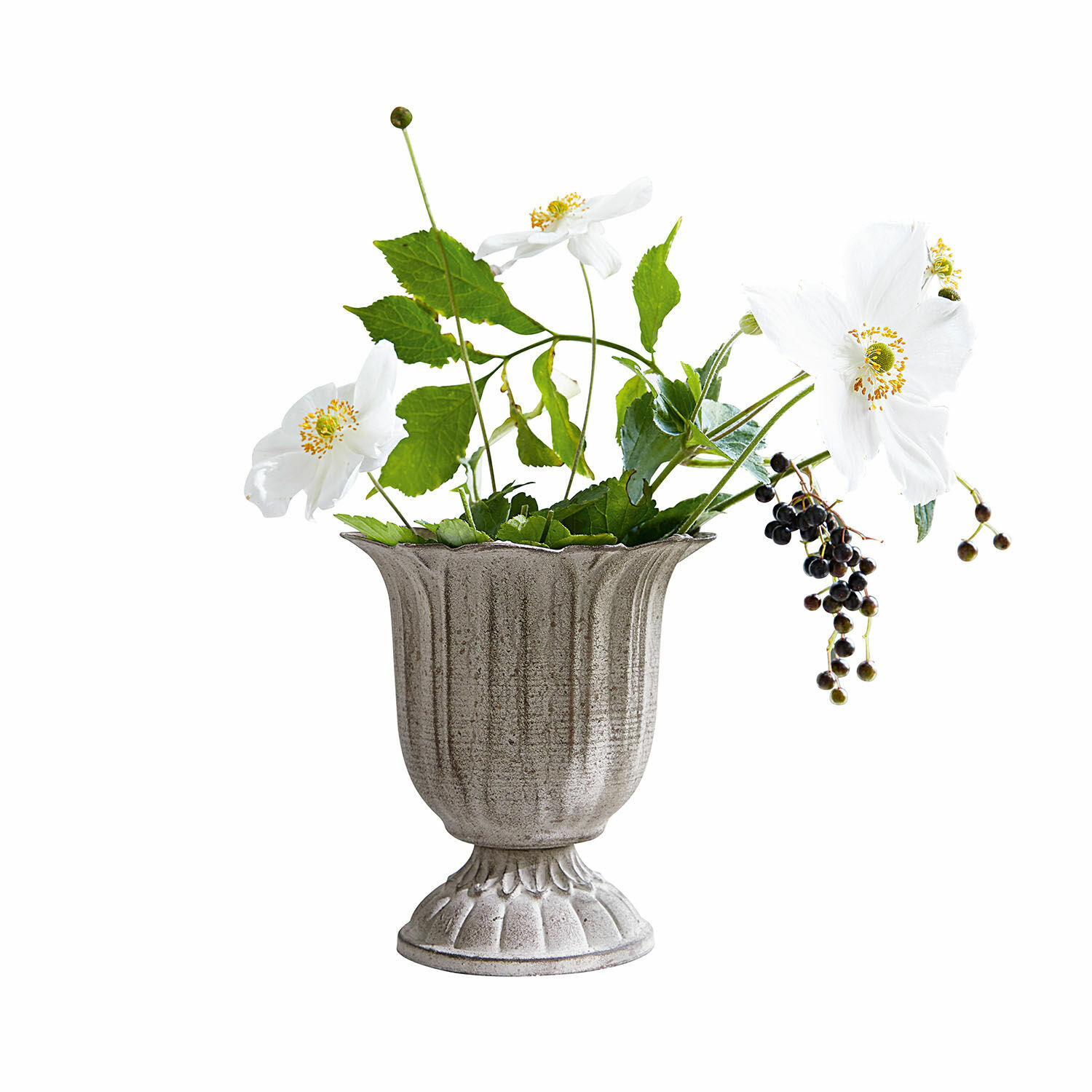Vase Hanson Graue Keramikvase mit weißen Blumen und grünen Blättern als Wohnaccessoire