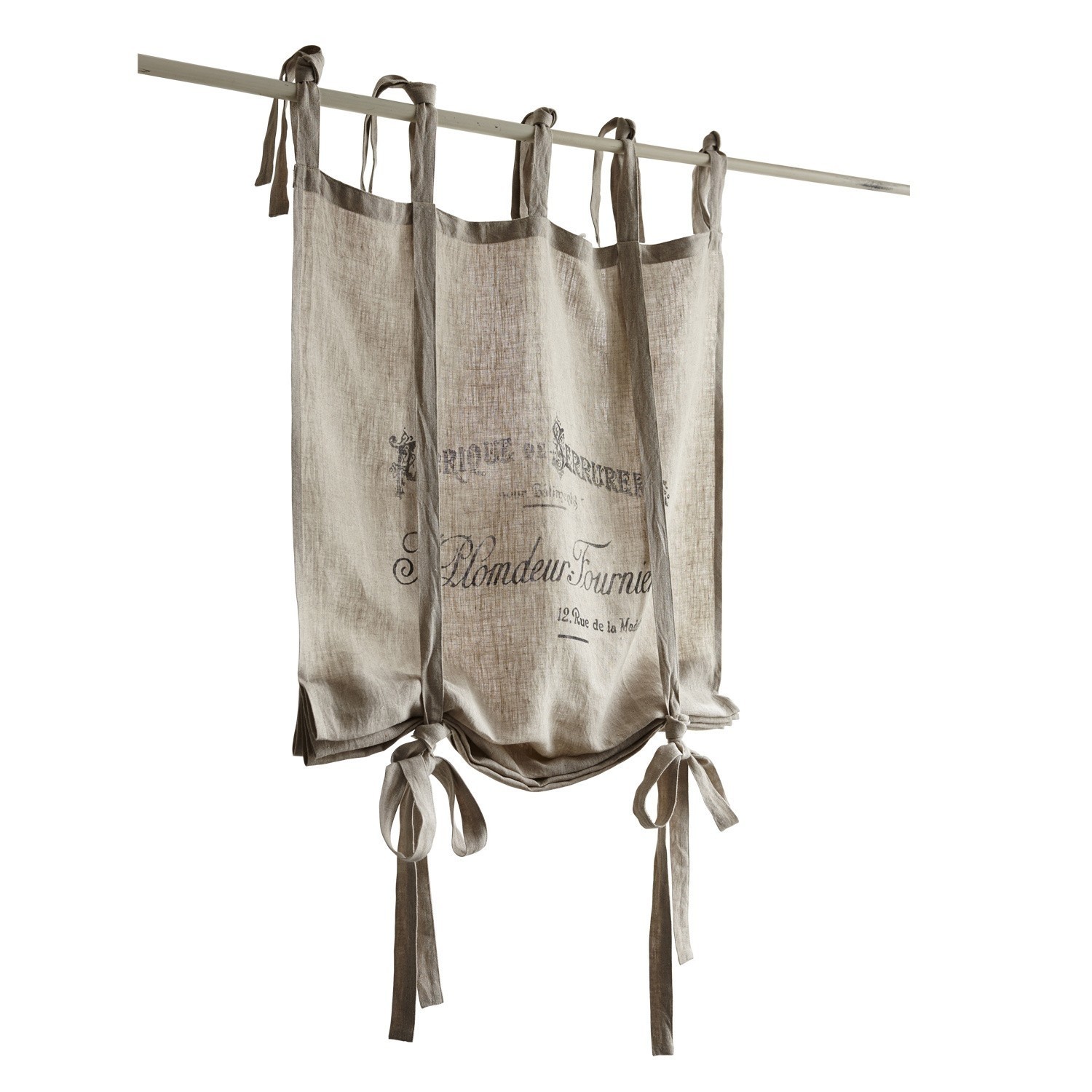 Leinenvorhang in Beige mit Druck und Bindebändern, dekorativer Fensterschmuck im Vintage-Stil