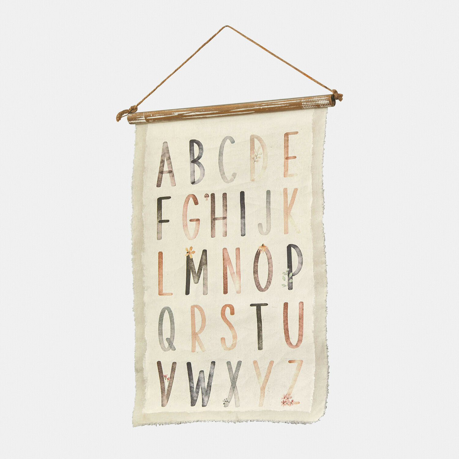 Wandbehang mit Alphabet in Pastellfarben auf naturfarbenem Baumwollstoff für Kinderzimmer