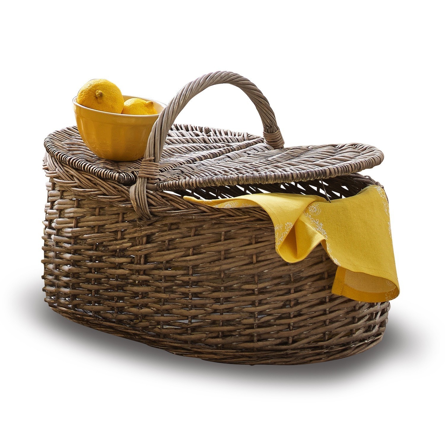 Brauner Weiden-Picknickkorb mit Griff, gelbe Schale und Serviette, Picknickzubehör