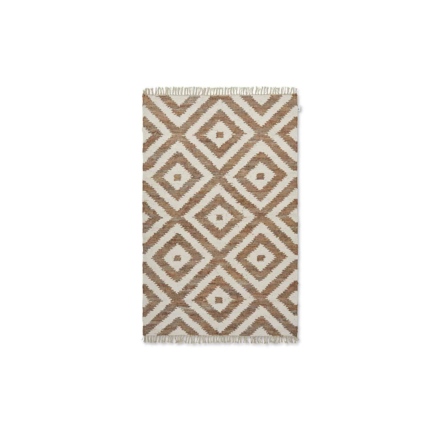 Baumwoll- und Jute-Teppich in Beige mit braunem geometrischem Muster, natürliche Wohnraumdeko