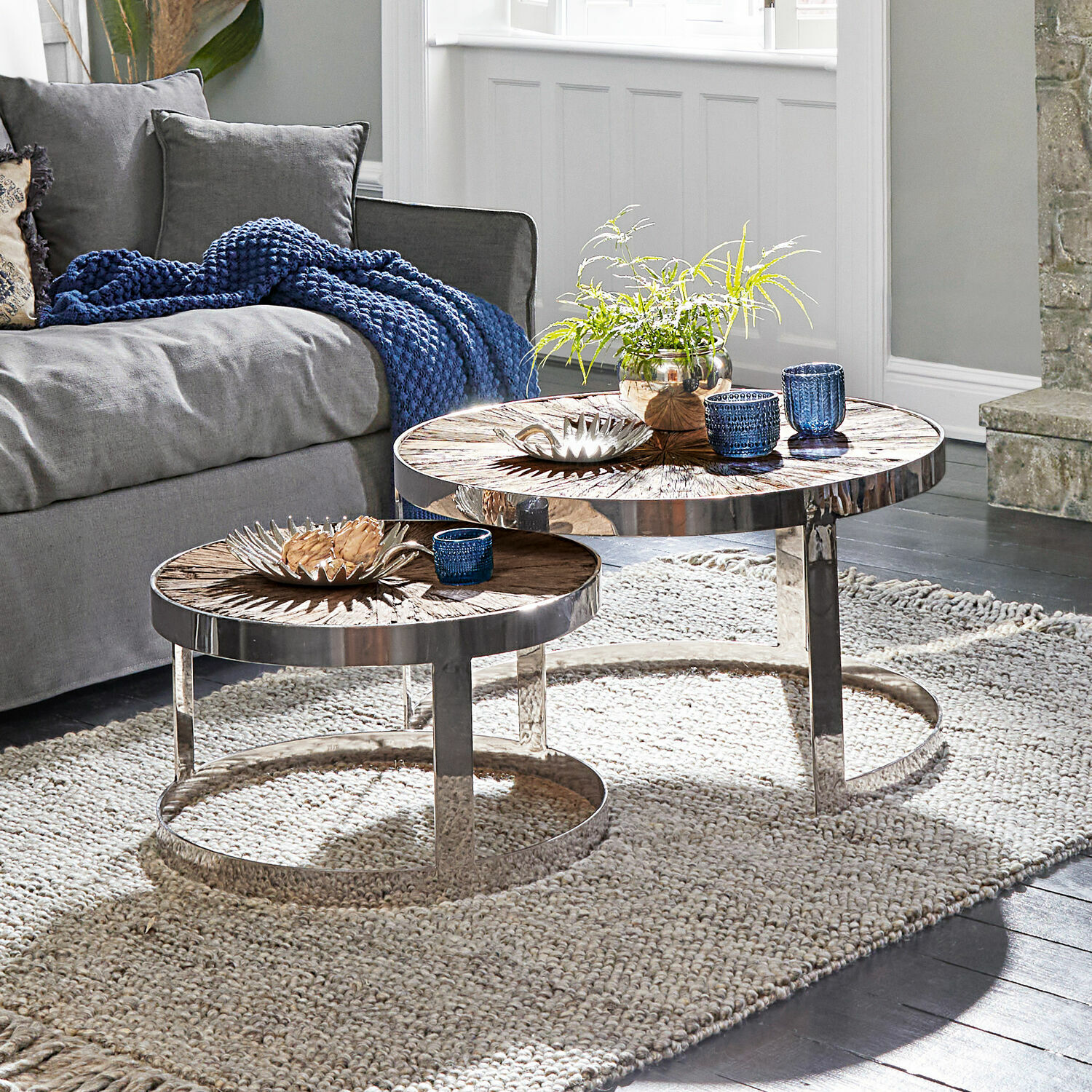 Couchtisch 2er Set Houghton Zweier-Set runde Couchtische mit Metallrahmen und Holzplatten im Wohnzimmer