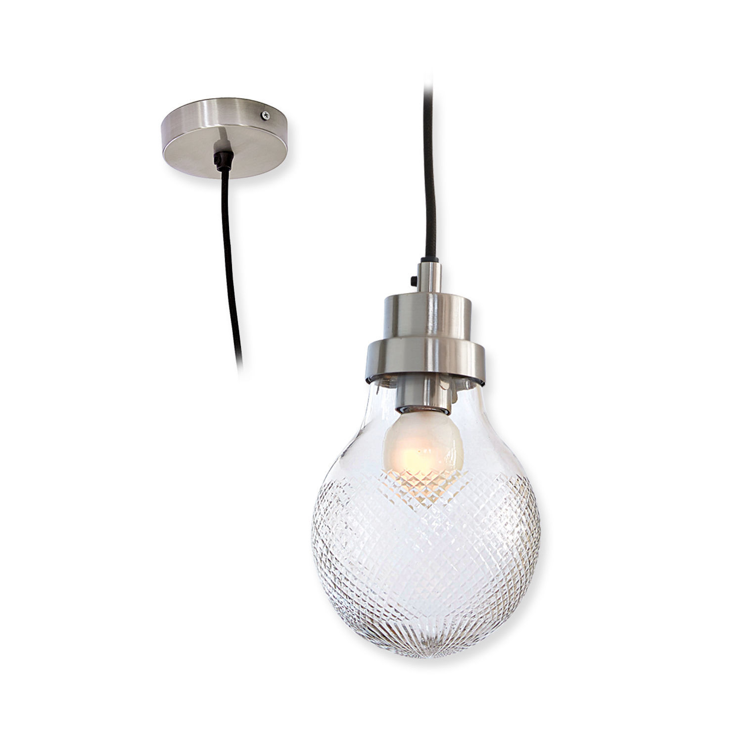Hängelampe aus klarem Glas mit silbernem Metallhalter, modernes Beleuchtungsdesign