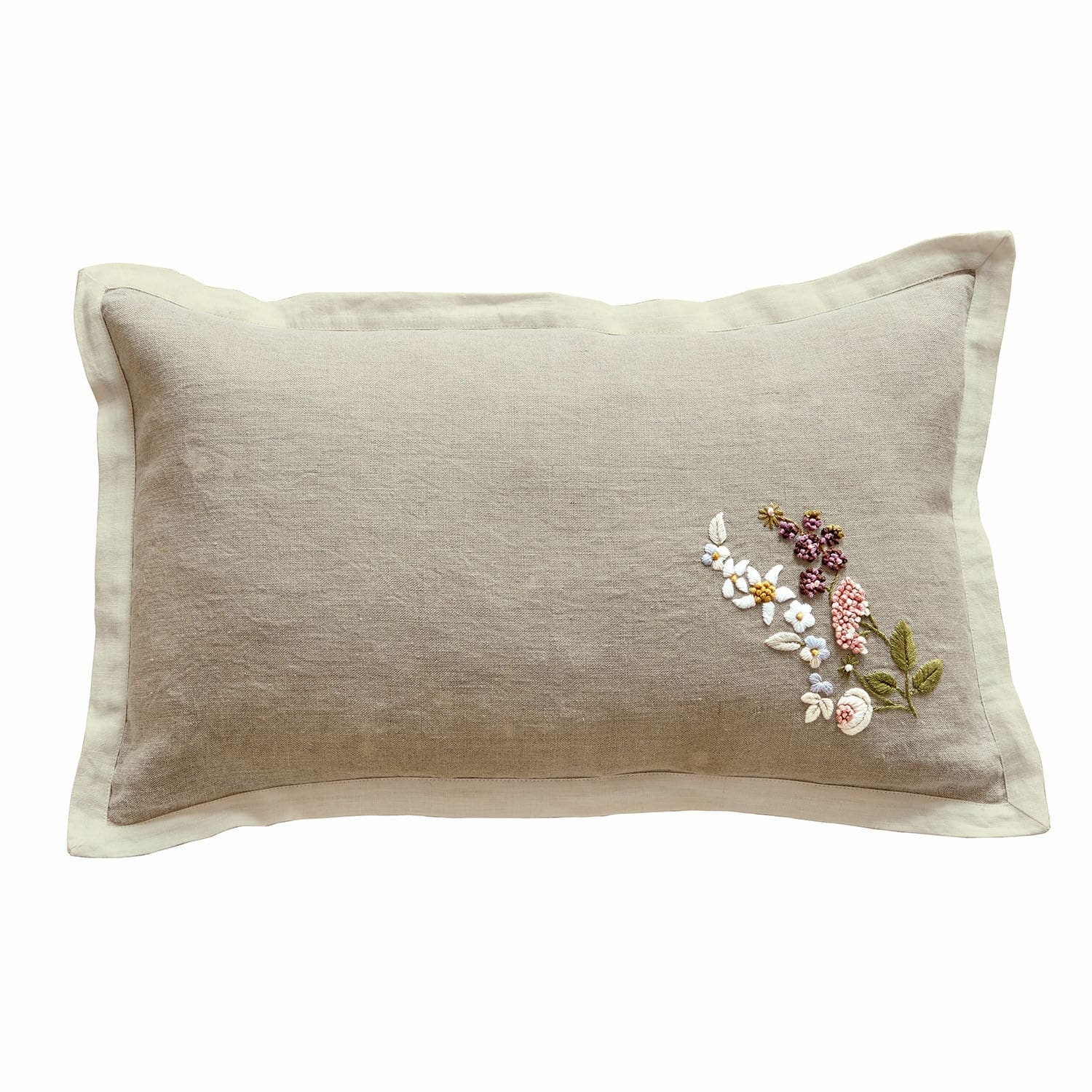 Kissenhülle Tavaline Beige Leinenkissen mit floraler Stickerei und cremefarbenem Rand, dekorativ fürs Wohnzimmer
