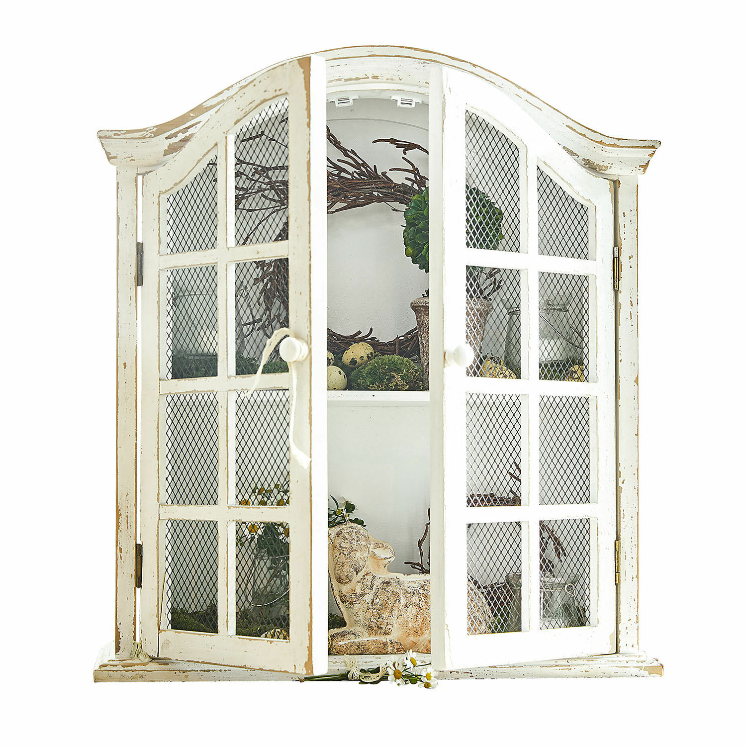 Wandschrank Monthelie Weiße Holzvitrine mit Gittertüren im Vintage-Stil, Dekoration innen, Wohnzimmermöbel