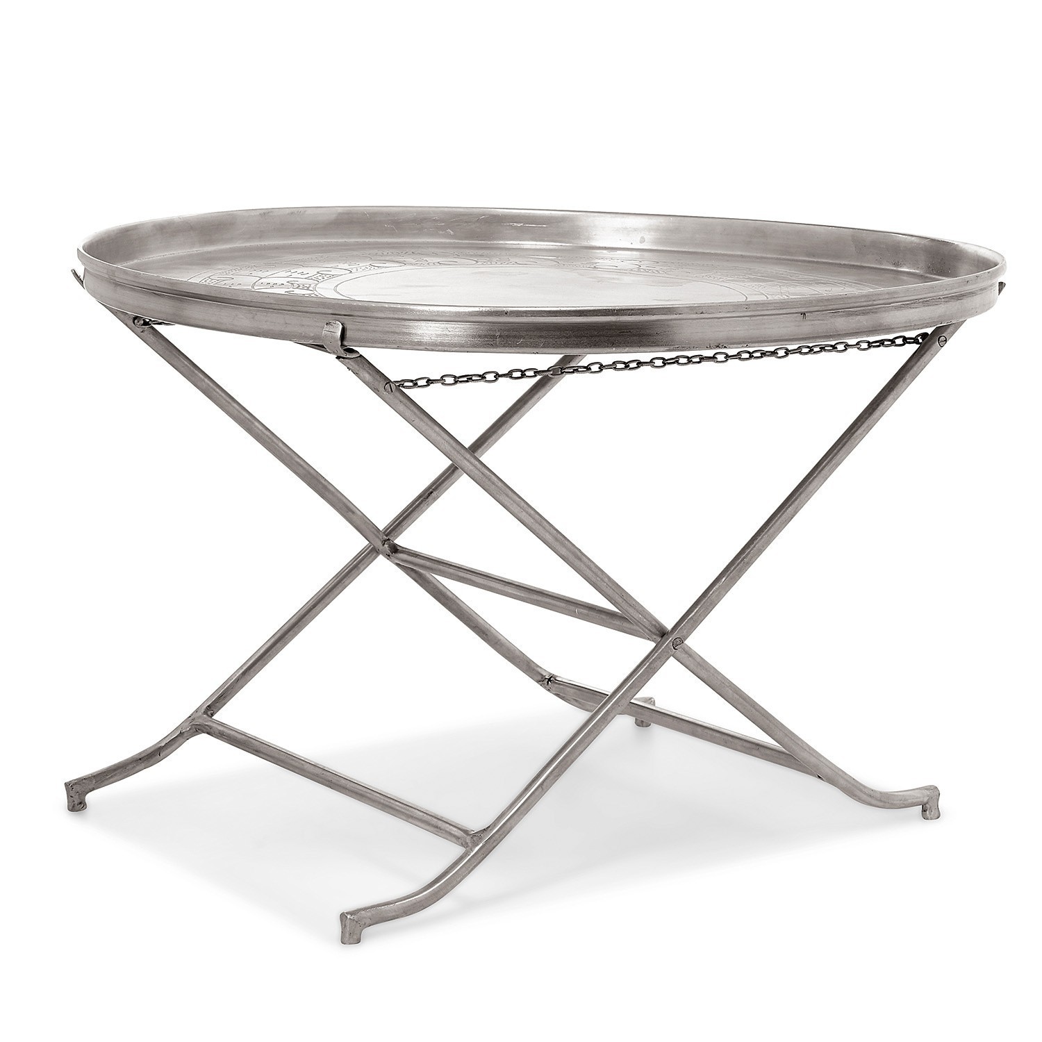 Kleiner klappbarer Metalltisch mit rundem Tablett und Kettenstabilisator in Silber