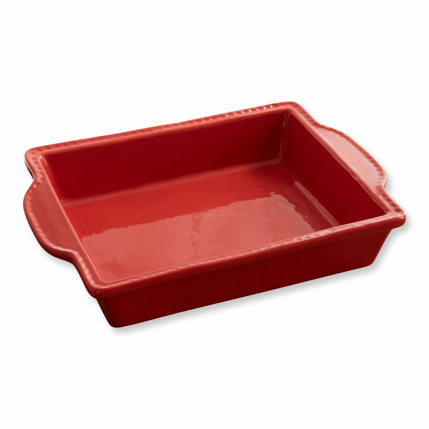 Rote rechteckige Keramik-Backform mit Griffen, ideal für Aufläufe und Backen
