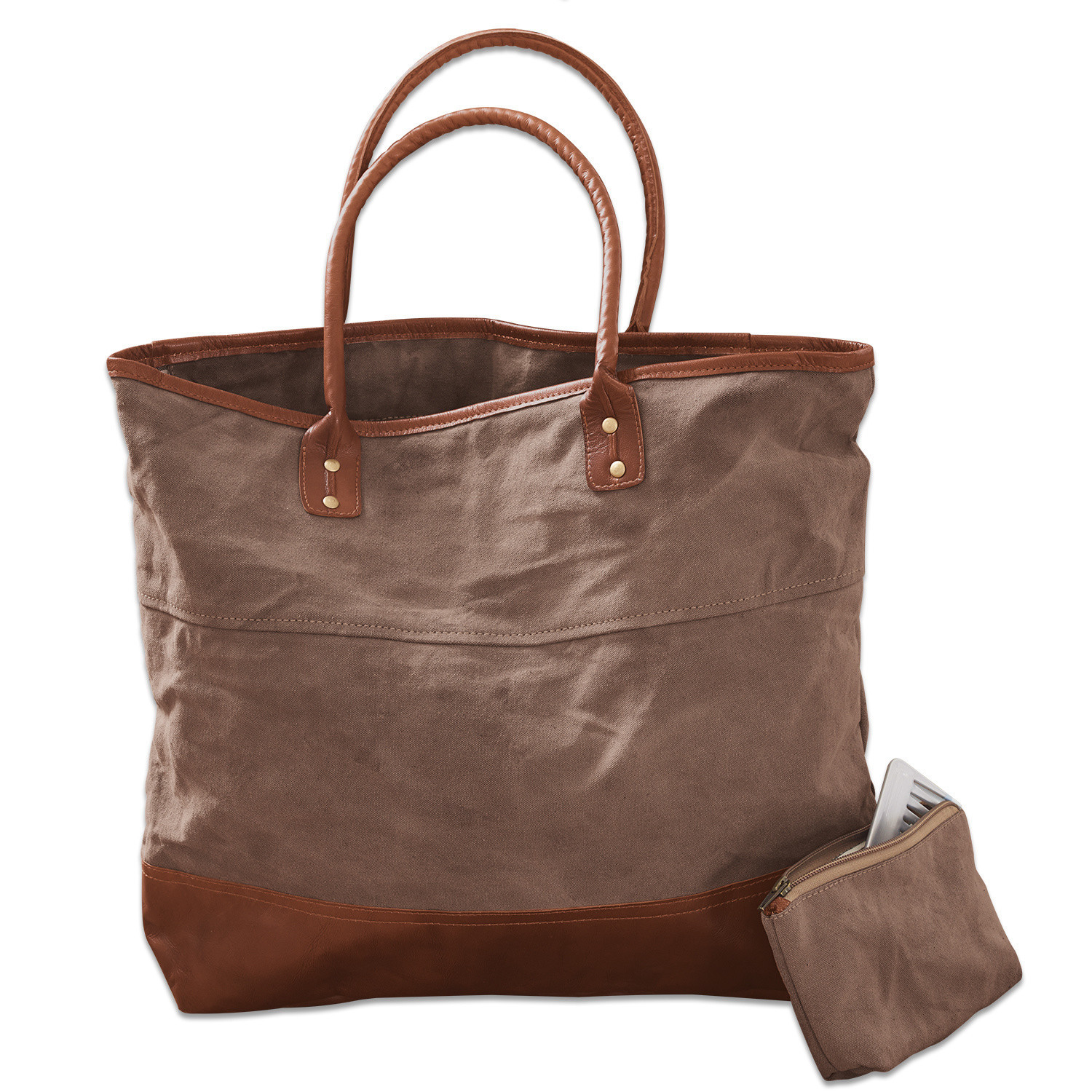 Braune Schultertasche aus Stoff und Leder mit kleinem Reißverschlussbeutel, praktische Einkaufstasche
