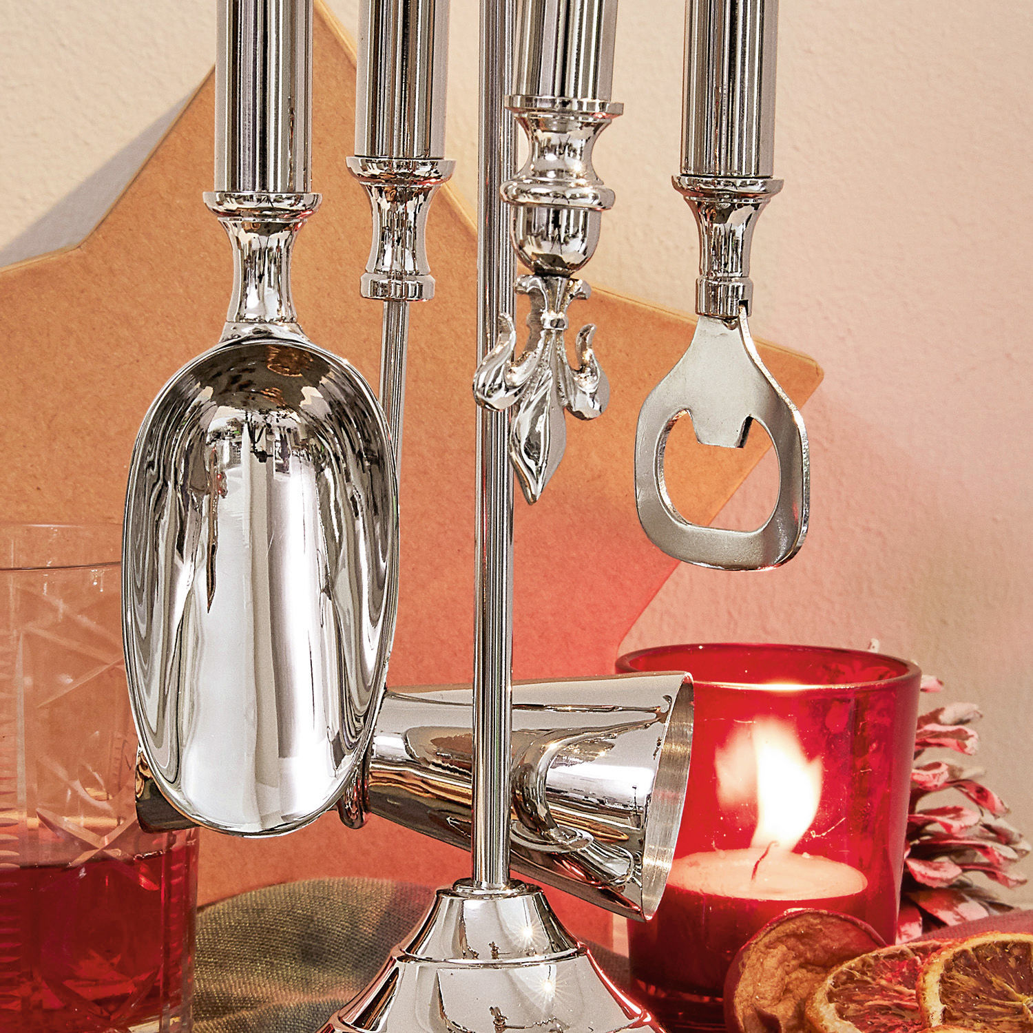 Bar-Set aus silbernem Edelstahl mit Löffel, Trichter und Flaschenöffner für Cocktailzubehör