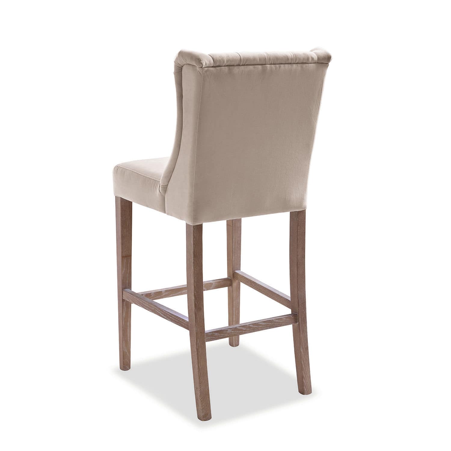 Hoher Barhocker mit beigem Samtbezug und Holzbeinen im klassischen Stil