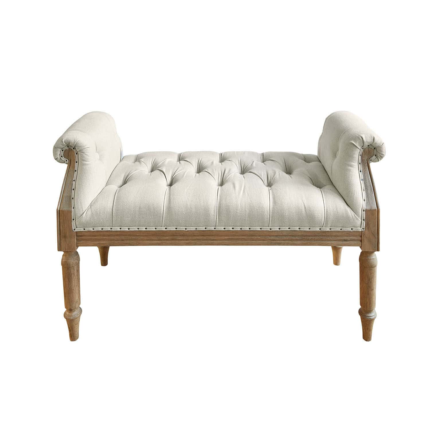 Gepolsterte Bank aus hellem Leinen und Holz im Vintage-Stil, Sitzmöbel für Flur oder Wohnzimmer