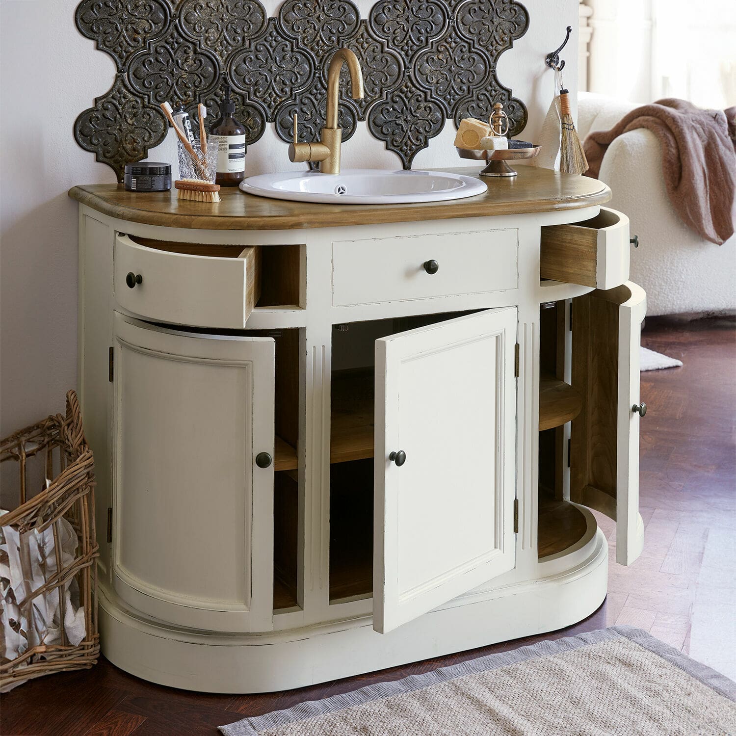 Mueble de baño Louisiana |  blanco envejecido/marrón |  Alto/Ancho/P aprox. 85/110/55 cm