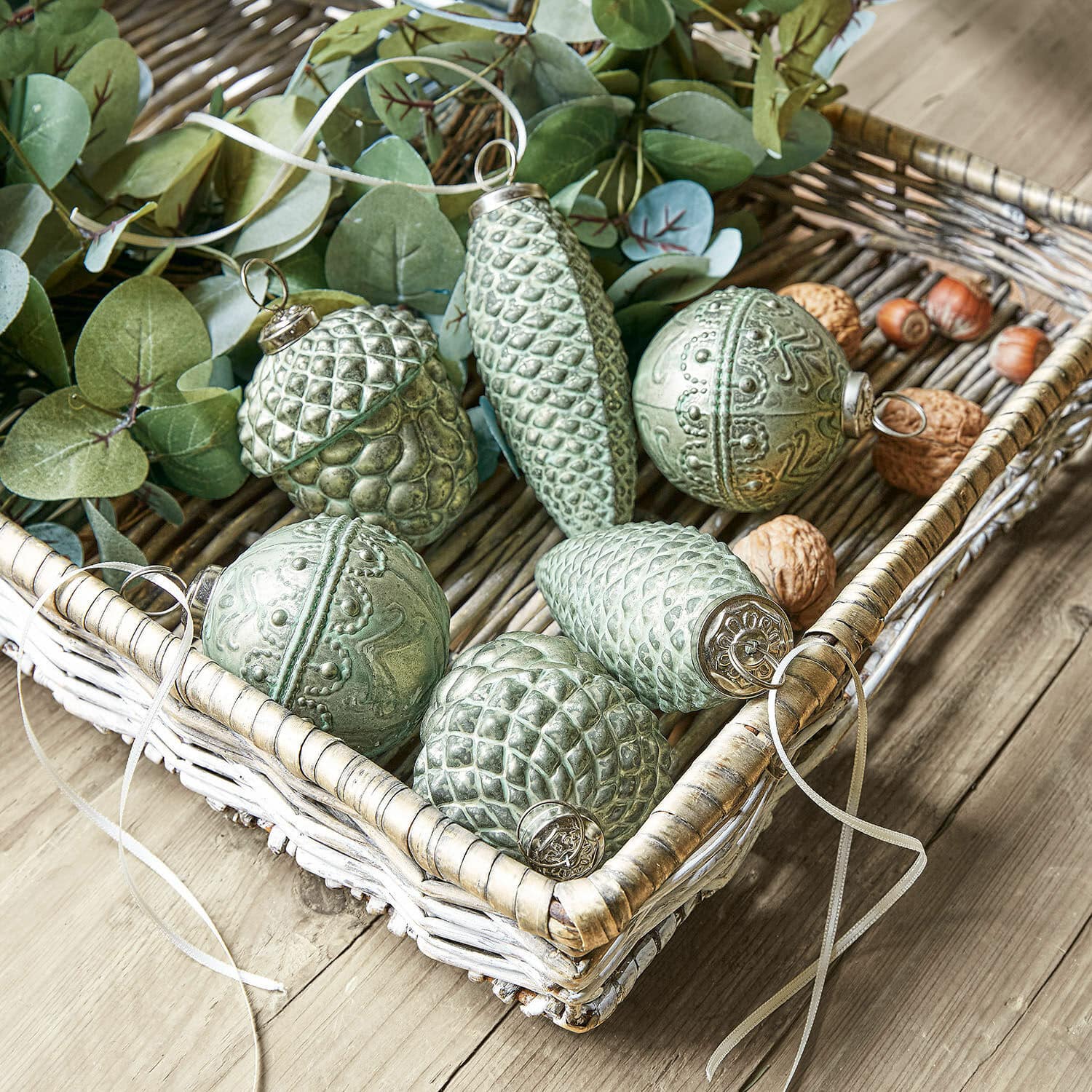 Lot de 6 décorations de Noël Quirat, Finition sophistiquée, Différentes formes, Pour une atmosphère festive en vert/couleur argent