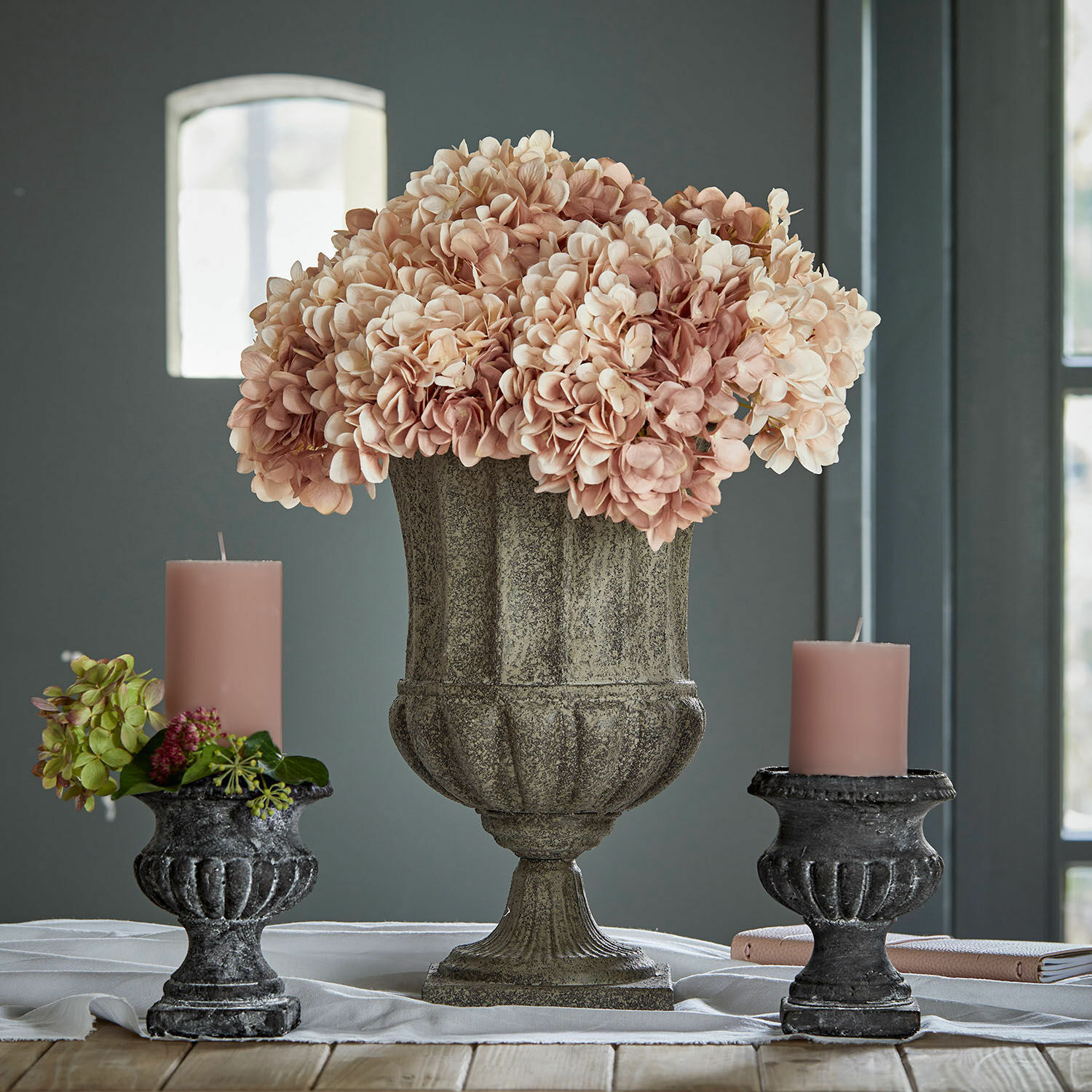 Sierbloem set van 3 Amarente, Natuurgetrouwe sierhortensia, Detailrijk handwerk, Prachtige bloem in roze/groen
