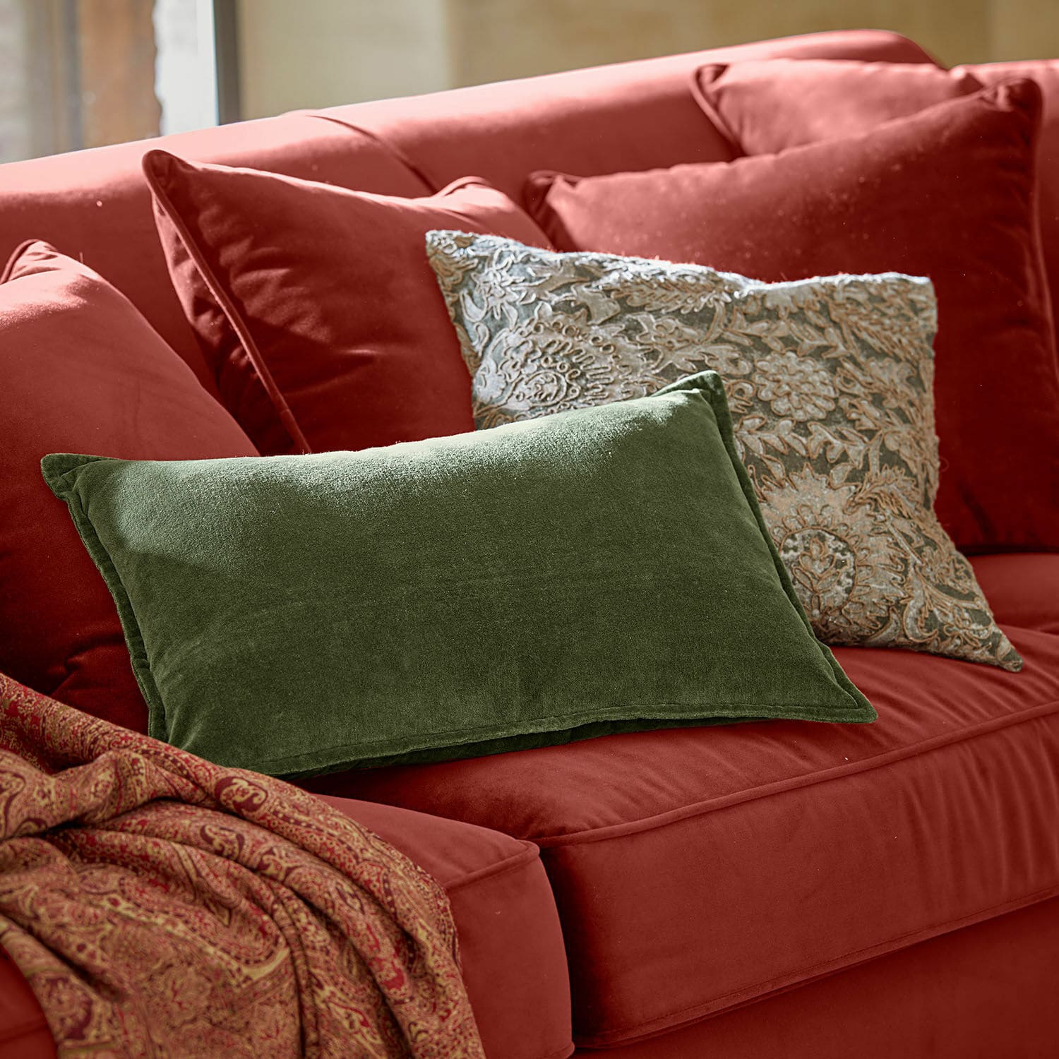 Lot de 2 housses de coussins Plainemont, Lin avec broderie en jute, En velours de coton doux, Un ensemble très harmonieux en vert