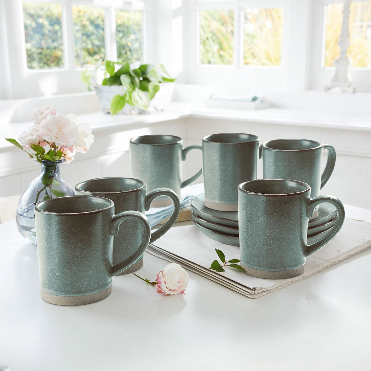 6-delige set mokken Biarré, Robuust steengoed, Met de hand vervaardigd en geglazuurd, Oneffen en onregelmatig design in turquoise/bruin
