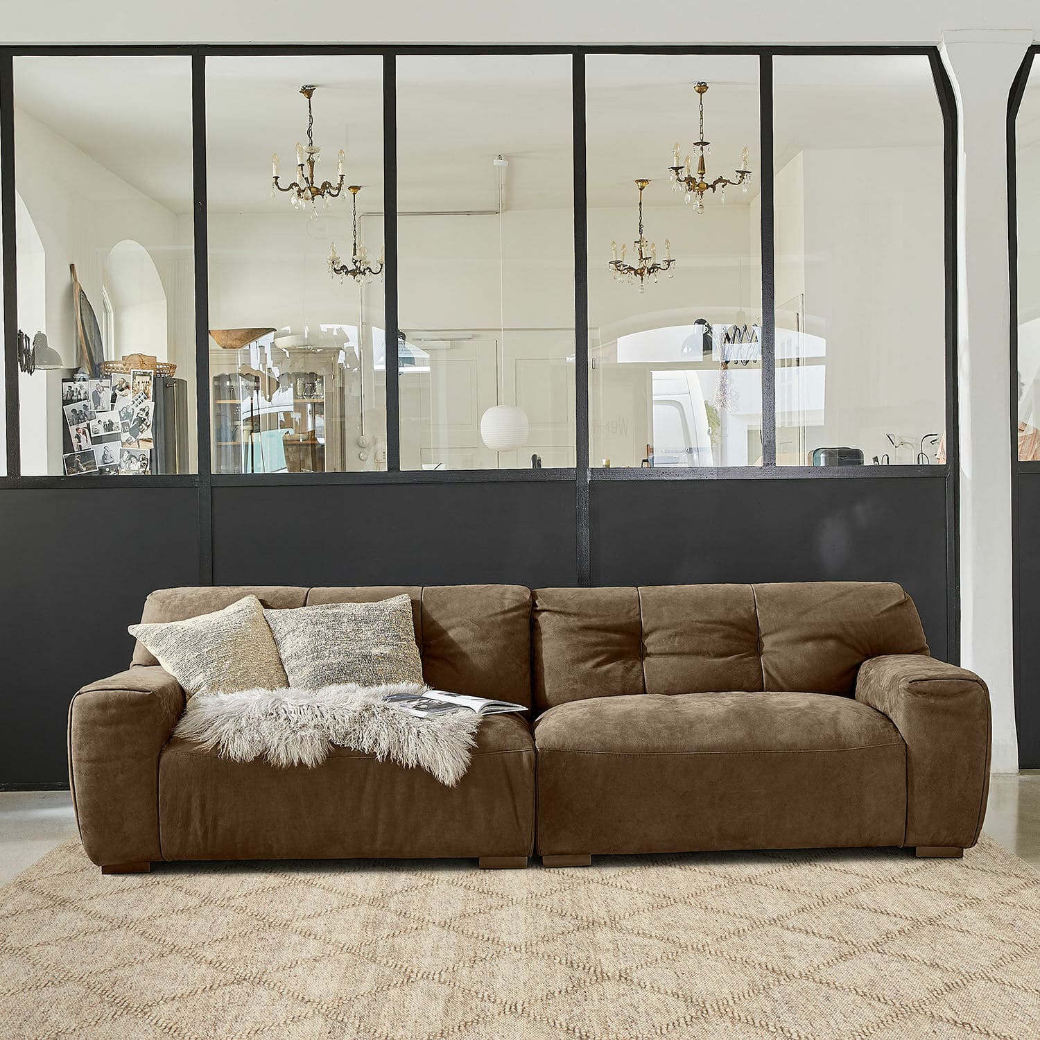 In- & outdoor vloerkleed Fayet, Bijzonder zacht, Subliem ruitpatroon, Weefsel van gerecyclede PET-flessen in beige/bruin