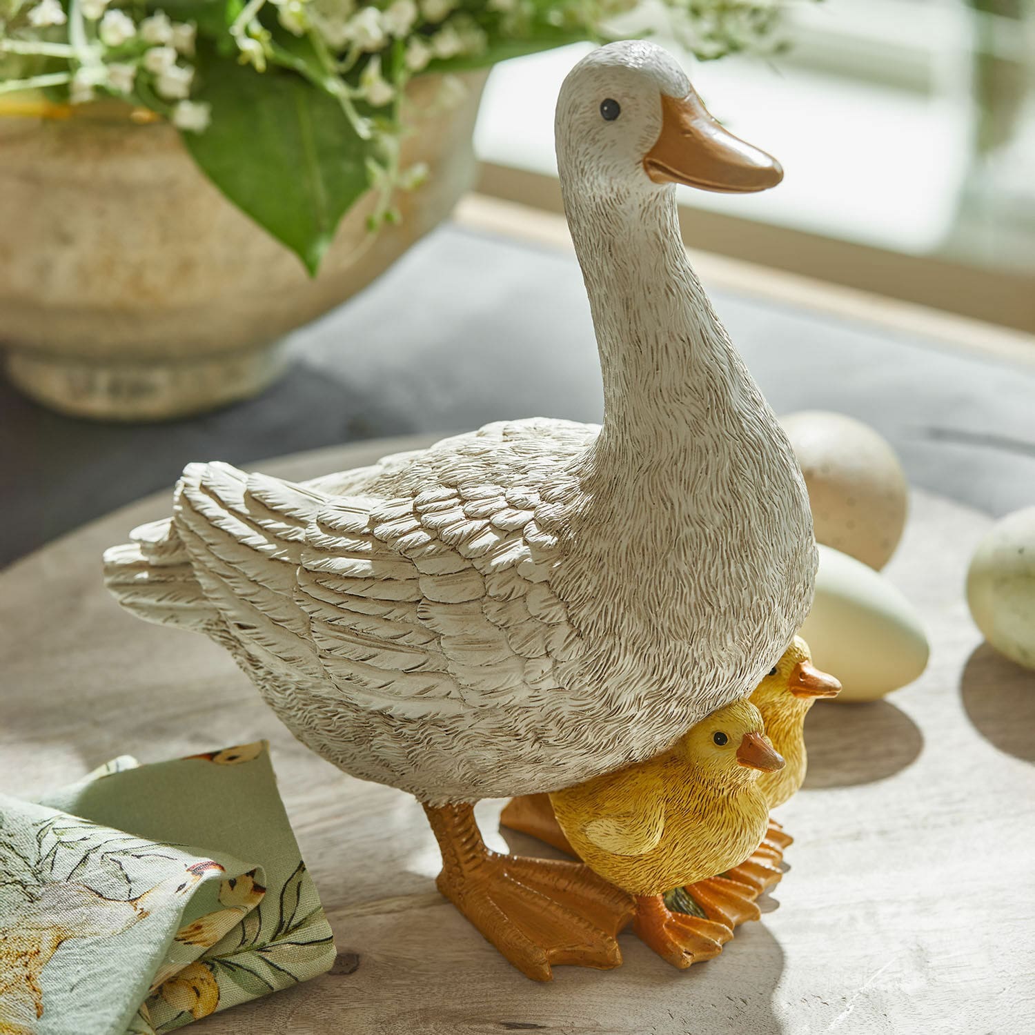 Oie décorative Sunnyo, Peintes à la main, Conception détaillée, Trois figurines en une en blanc