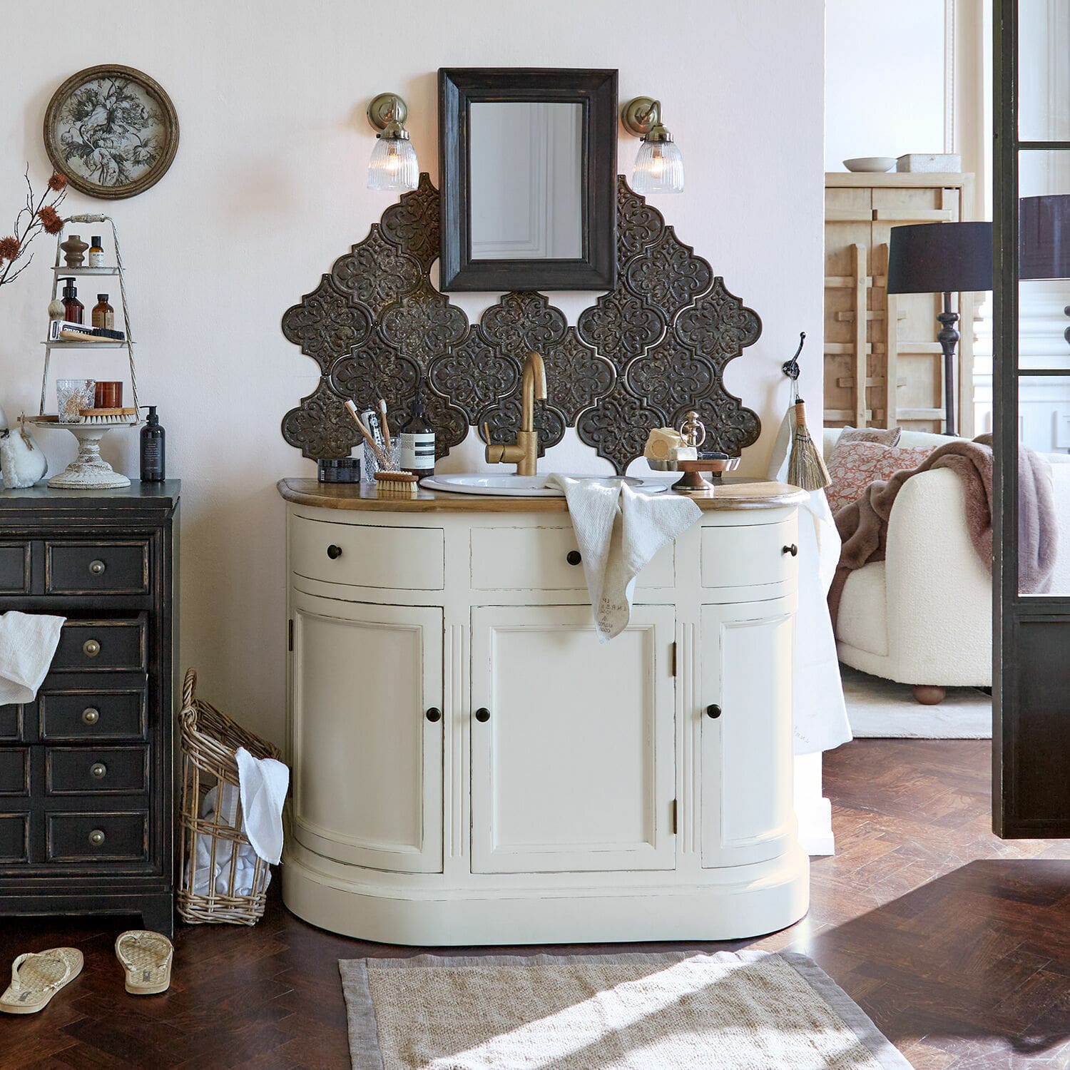 Mueble de baño Louisiana | blanco envejecido/marrón | Alto/Ancho/P aprox. 85/110/55 cm Mueble de baño Louisiana | blanco envejecido/marrón | Alto/Ancho/P aprox. 85/110/55 cm
