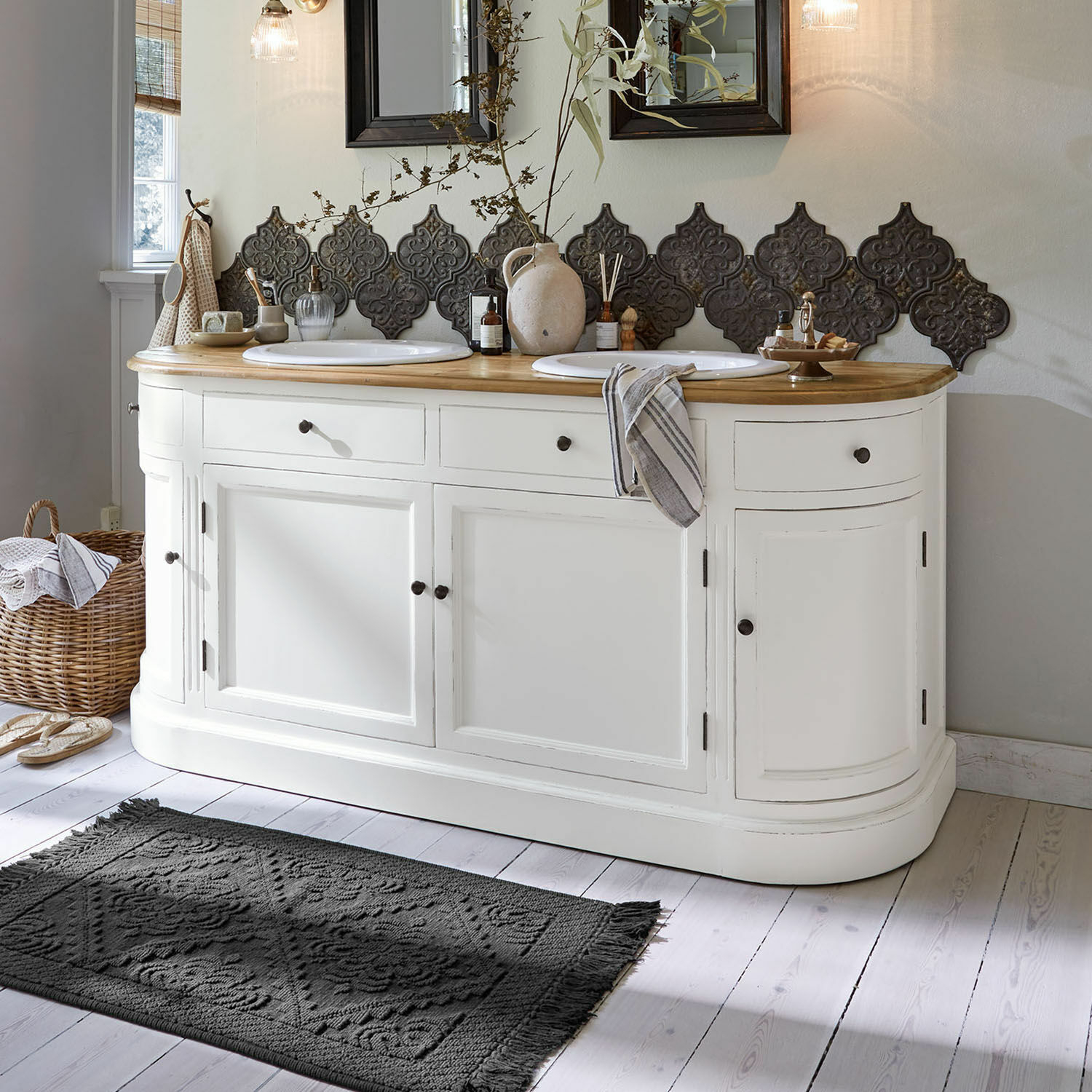 Mueble de baño con lavabo doble Louisiana |  blanco envejecido/marrón |  Alto/Ancho/P aprox. 86/180/55 cm
