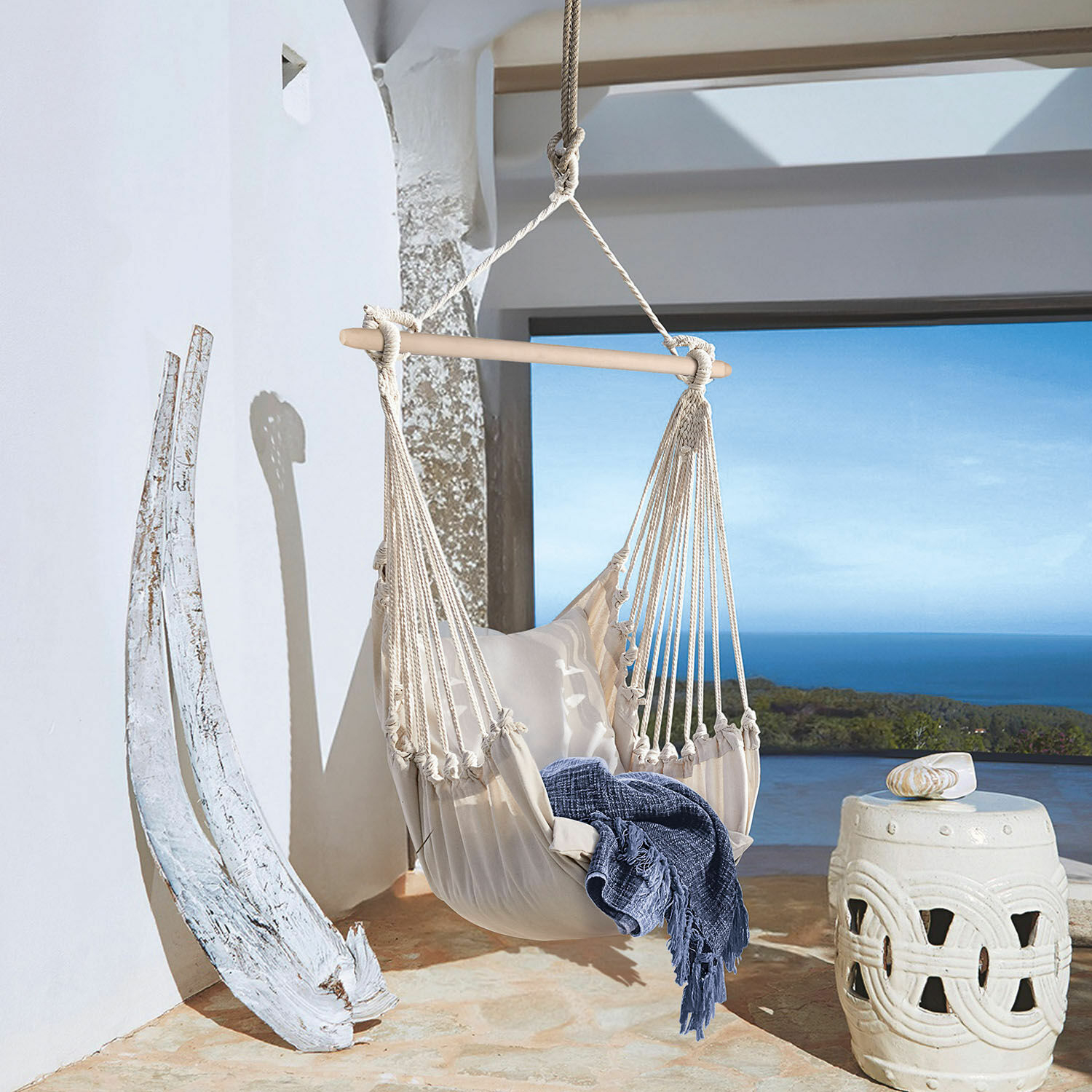 Hangstoel Leano, Liefdevol vervaardigd, Ook mooi voor het balkon, Slijtvaste bekleding in crème