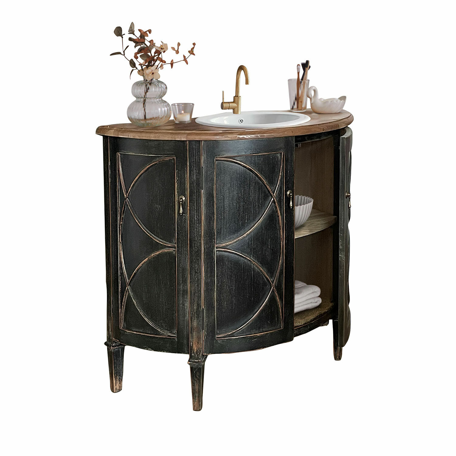 Mueble de baño con lavabo Maison Vertelle | negro/marrón antiguo | Alto/Ancho/P aprox. 85/120/55 cm Mueble de baño con lavabo Maison Vertelle | negro/marrón antiguo | Alto/Ancho/P aprox. 85/120/55 cm