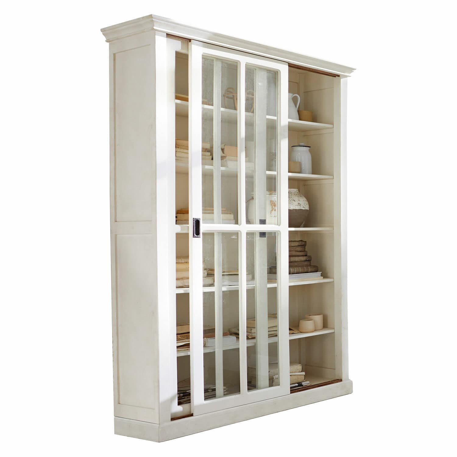 Schrank Brouns Weiße Holzvitrine mit Schiebetüren aus Glas und Regalen für Bücher und Dekorationen