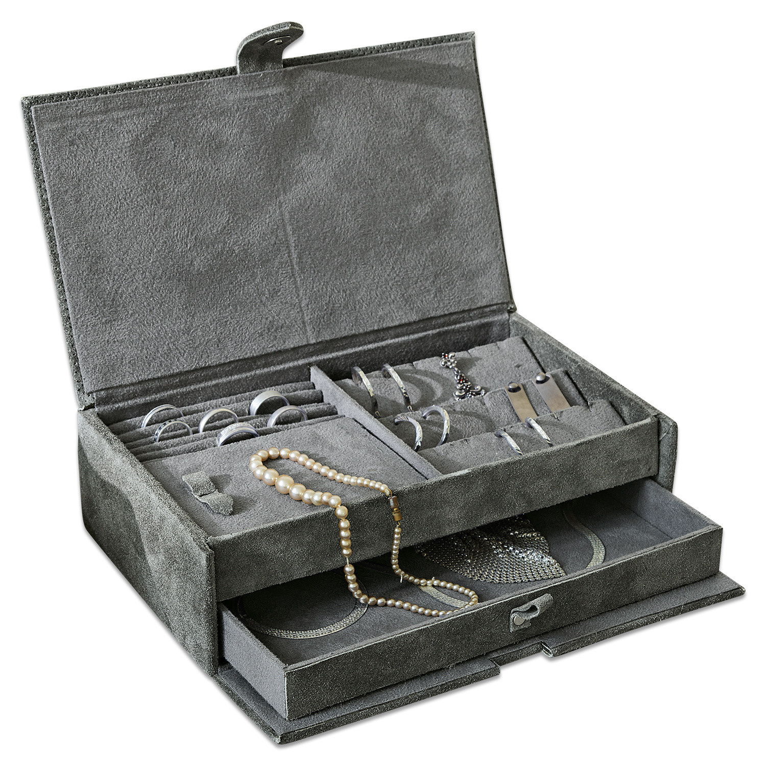 Graue Schmuckbox aus Wildleder mit Fächern für Ringe und Halsketten