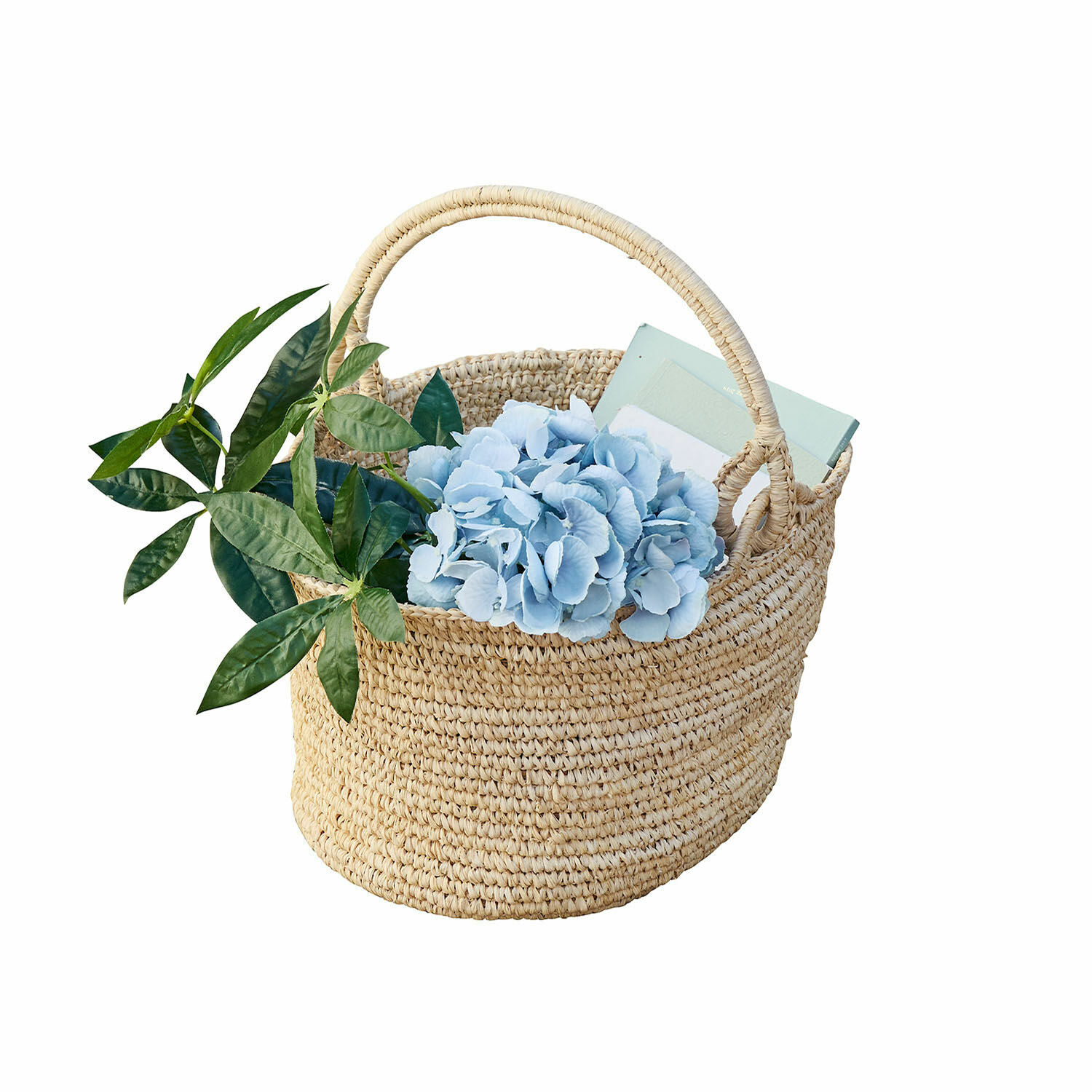 Korb Shanoura Natürlicher geflochtener Seegras-Korb mit blauen Blumen und grünen Blättern als Dekoration