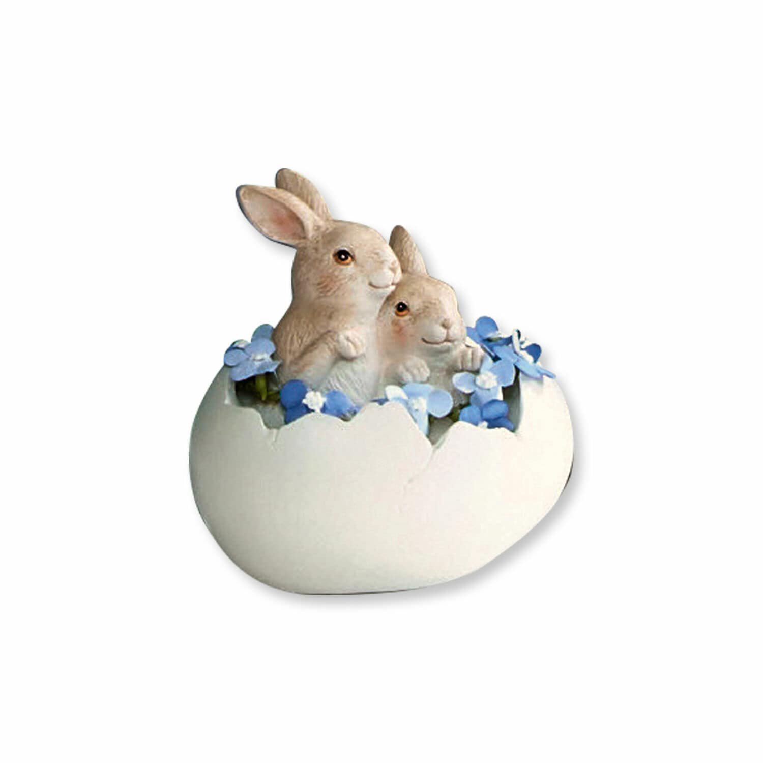 Hasen mit Ei Miksa Keramikfigur mit zwei Hasen in Eierschale und blauen Blumen, österliche Dekoration