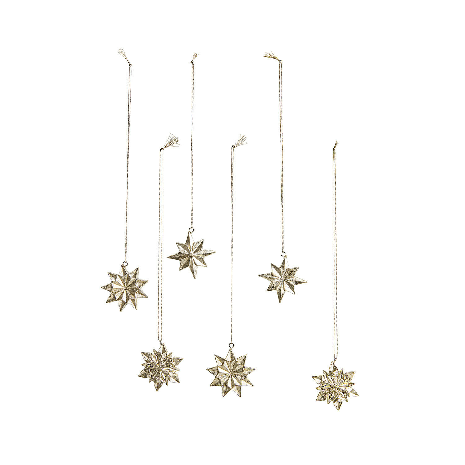Anhänger 6er Set Zamoura Set aus sechs goldfarbenen Metall-Sternanhängern an feinen Schnüren, festliche Weihnachtsdeko