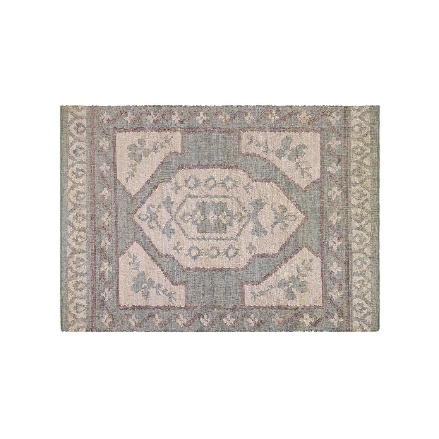 Dekorativer Teppich mit geometrischem Muster in pastellgrünen und beigen Tönen, weiches Material