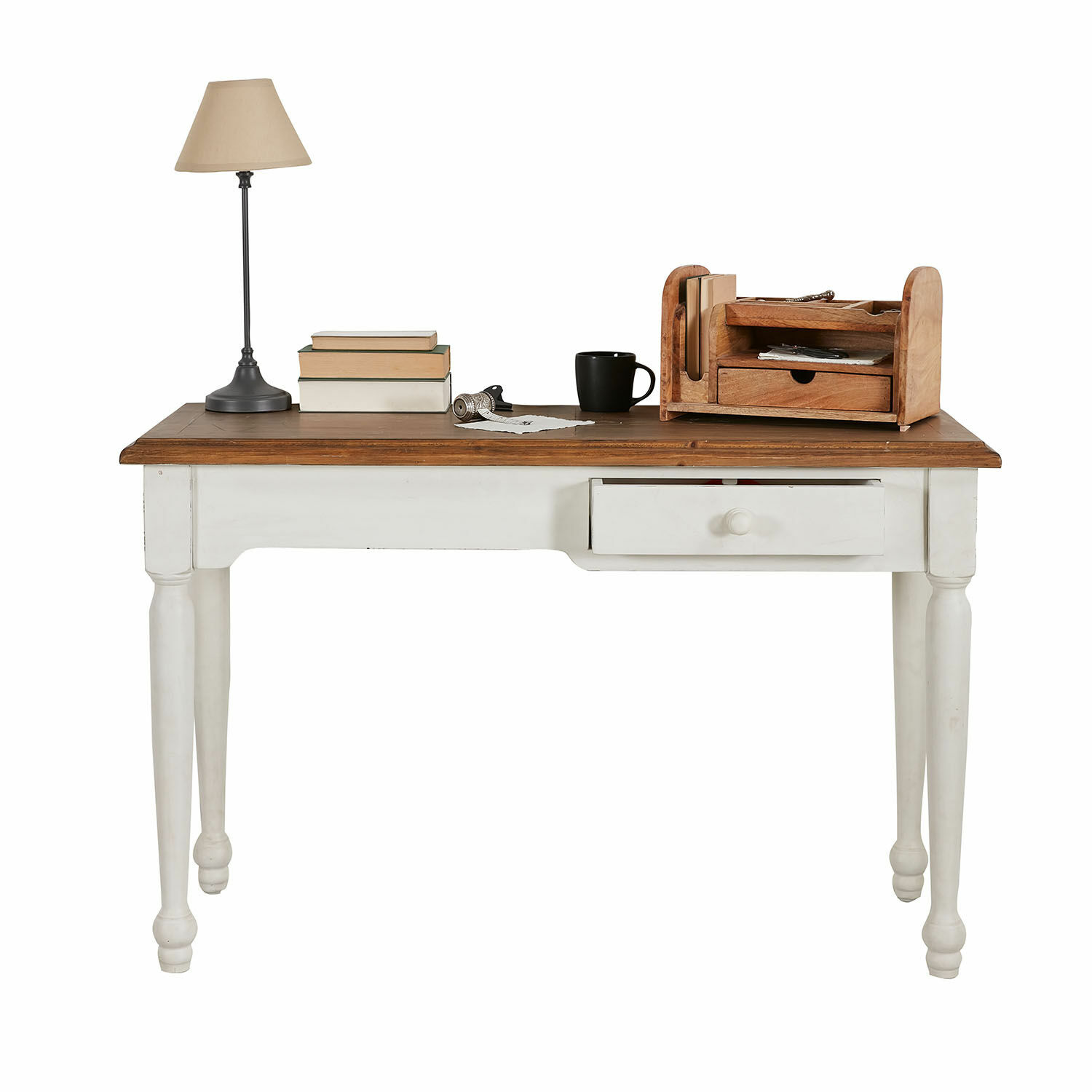 Weißer Holzschreibtisch mit brauner Tischplatte, Lampe und Organizer im Vintage-Stil