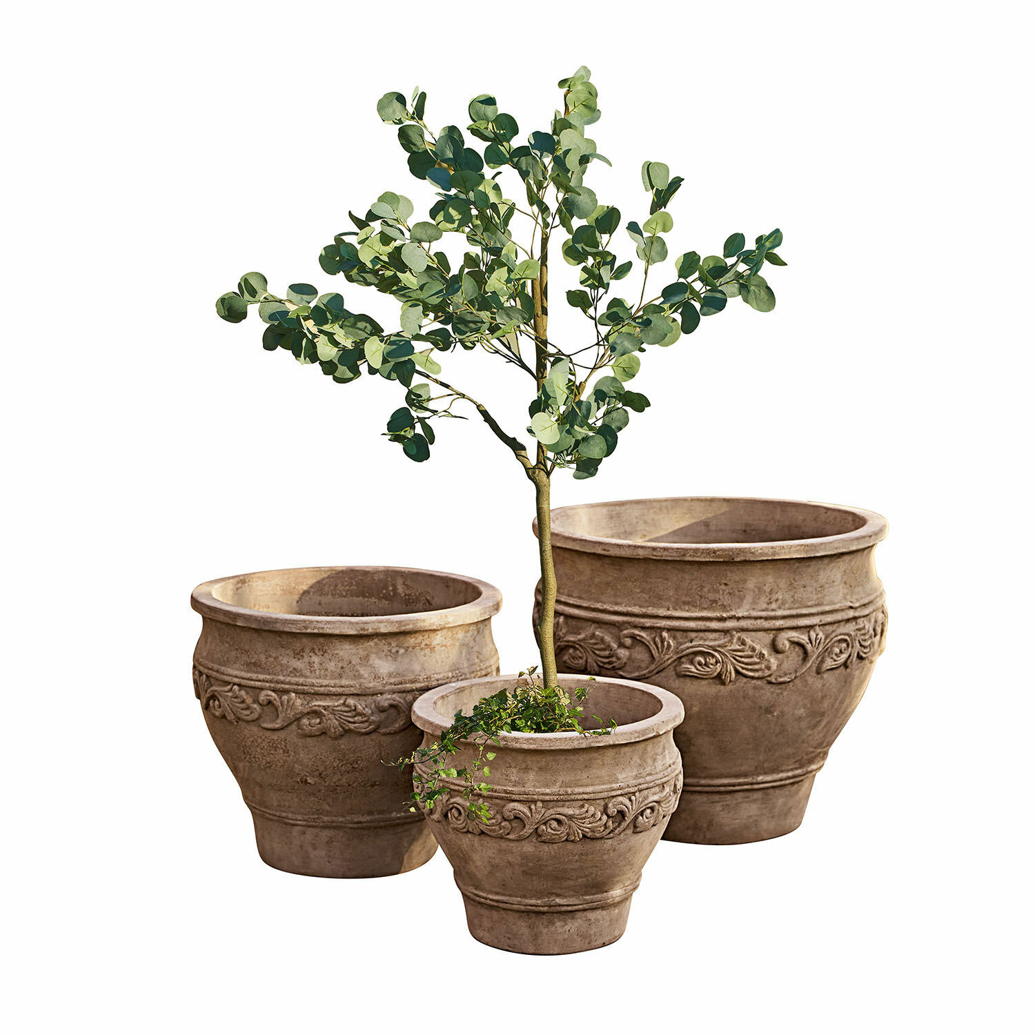 Übertopf 3er Set Sabugal Set aus drei dekorativen braunen Terrakotta-Pflanzgefäßen mit Pflanzen für Garten und Zuhause