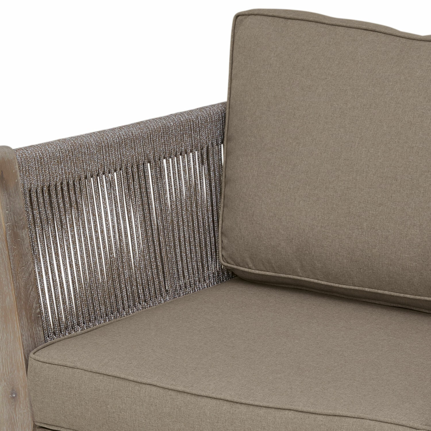 Beiges Stoffsofa mit geflochtenem Seilrücken und Holzrahmen für gemütliches Sitzen
