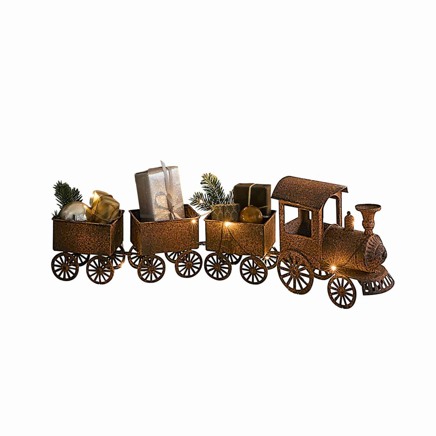 Deko-Zug Diamond Dekorativer Metallzug in Rostoptik mit drei Waggons und Weihnachtsgeschenken