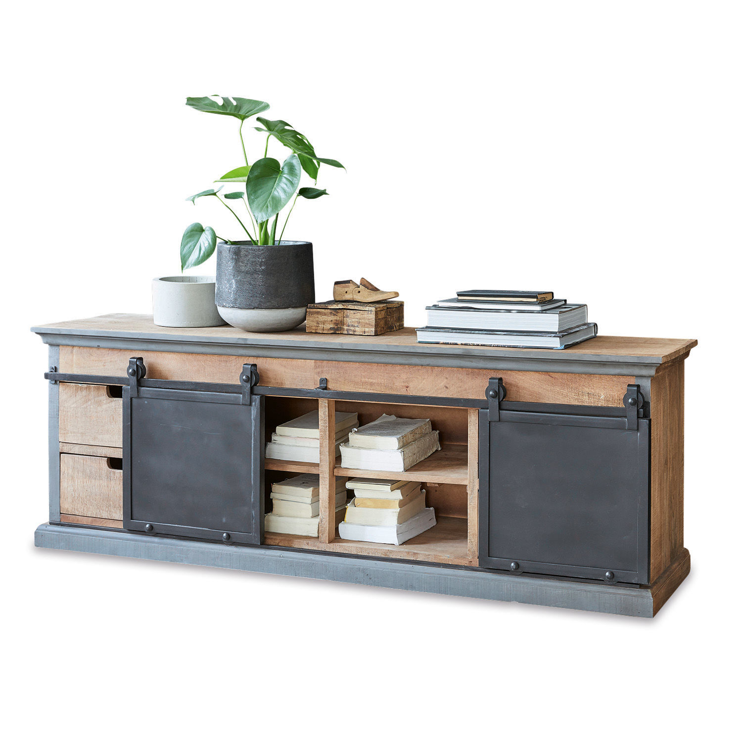 Sideboard Vulmont Holzsideboard mit schwarzen Metall-Schiebetüren und offenen Fächern, dekoriert mit Pflanze und Büchern